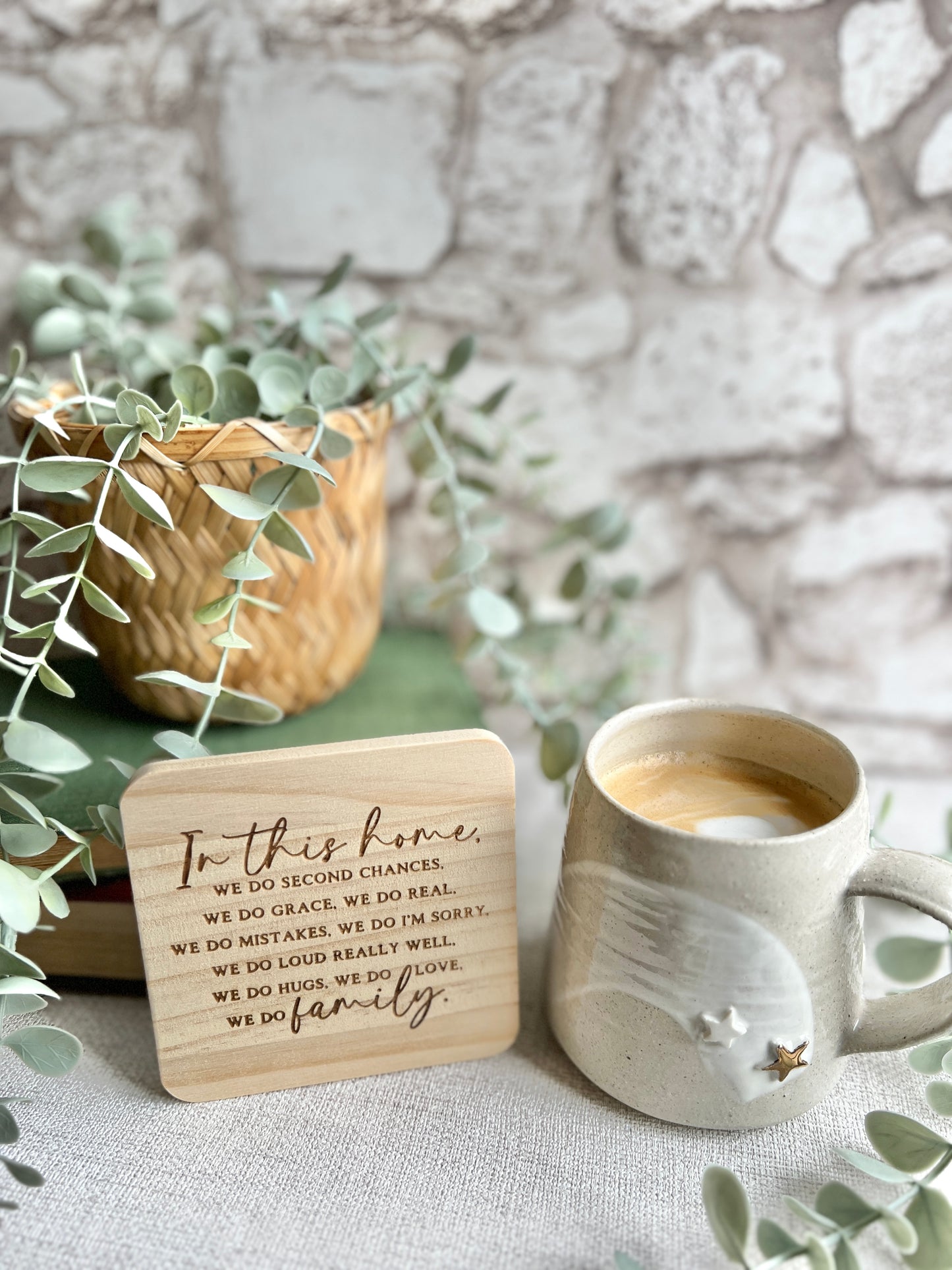 In this home we do… engraved wooden coaster