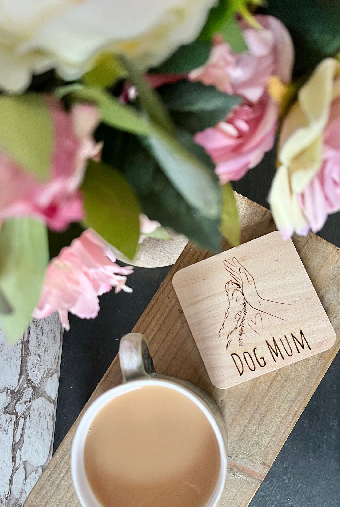 Dog Mum engraved wooden coaster