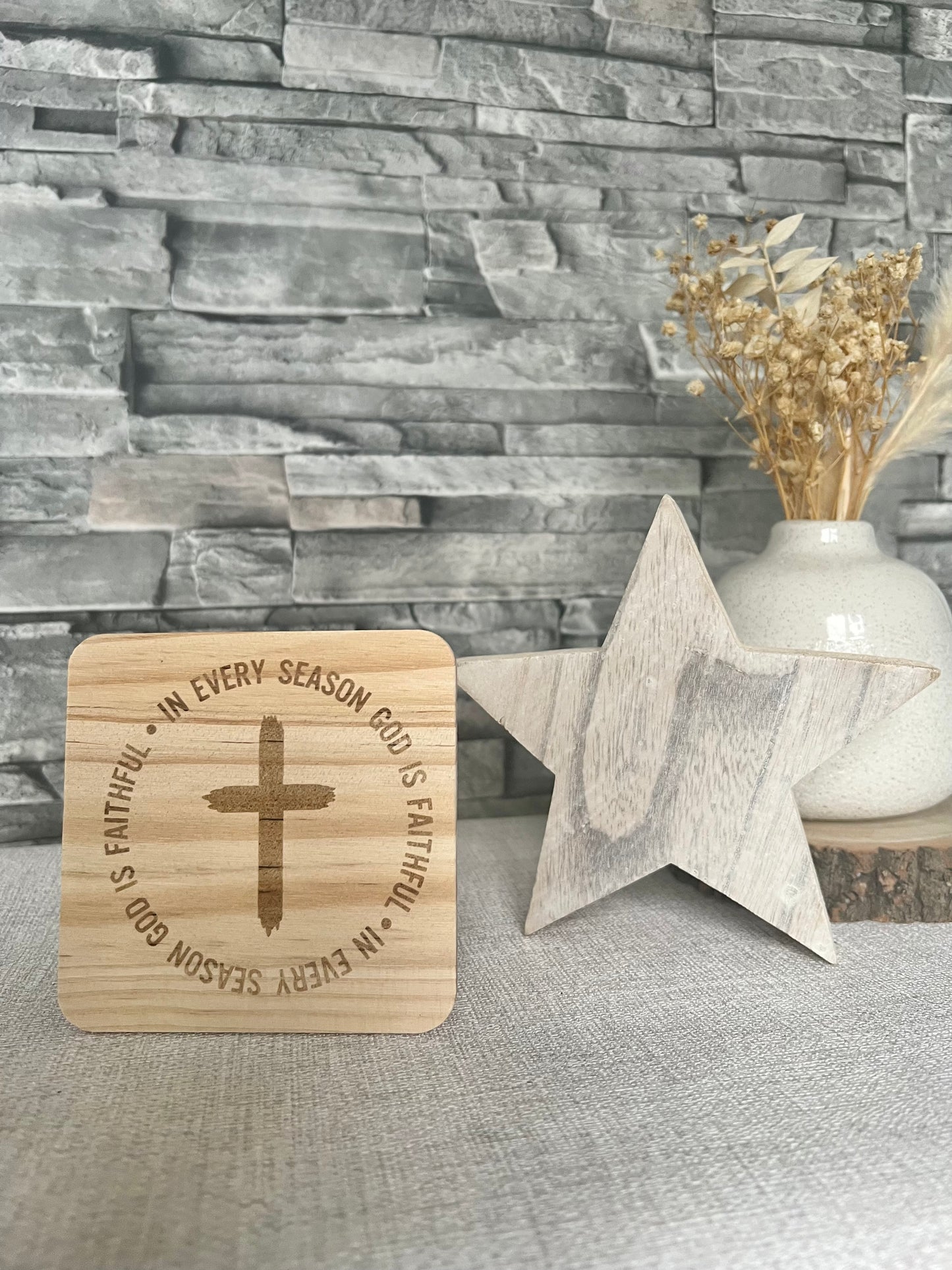 In every season engraved wooden coaster