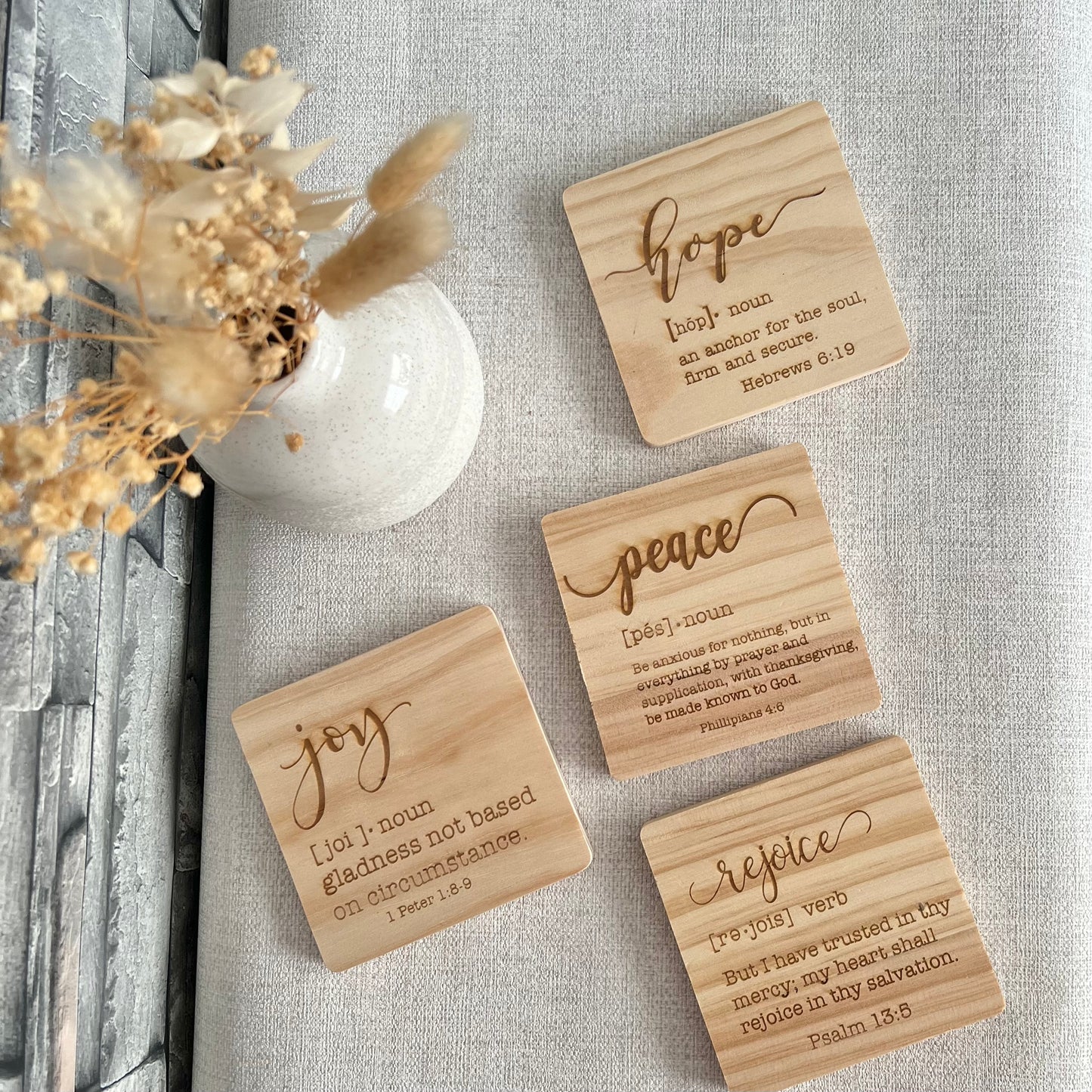 Set of 4 definition engraved wooden coaster