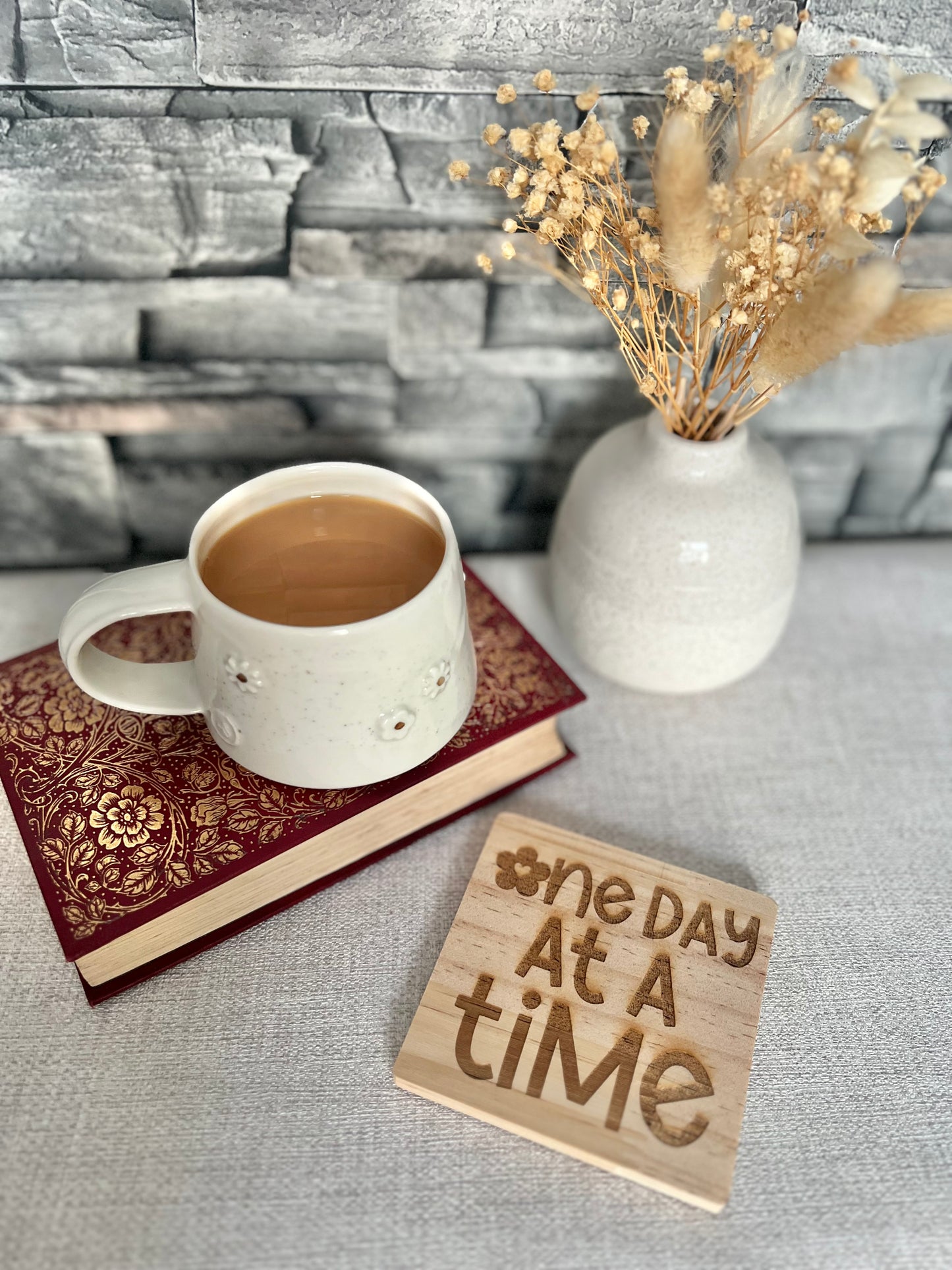 One day at a time engraved wooden coaster