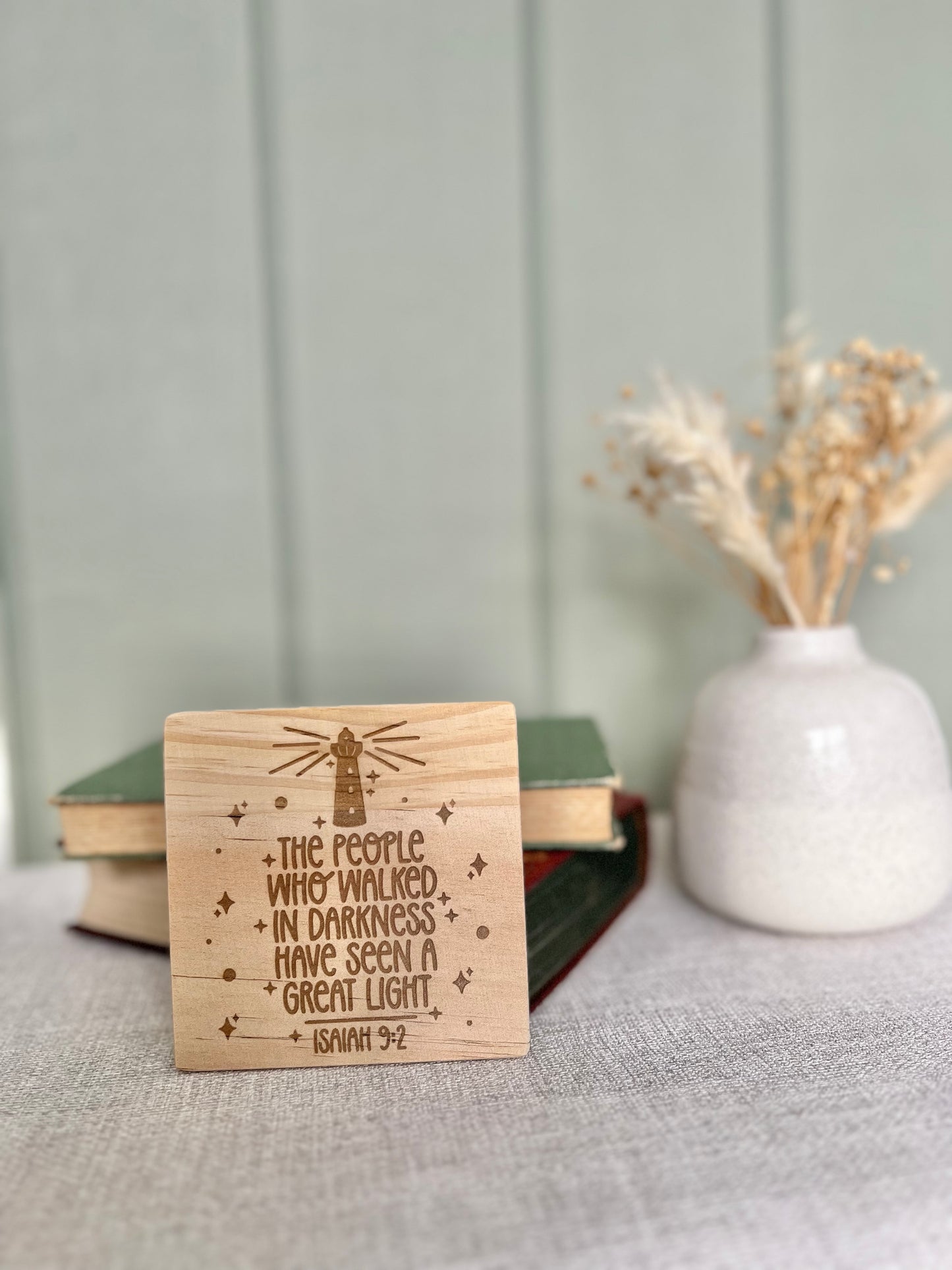 The people who walked in darkness engraved wooden coaster