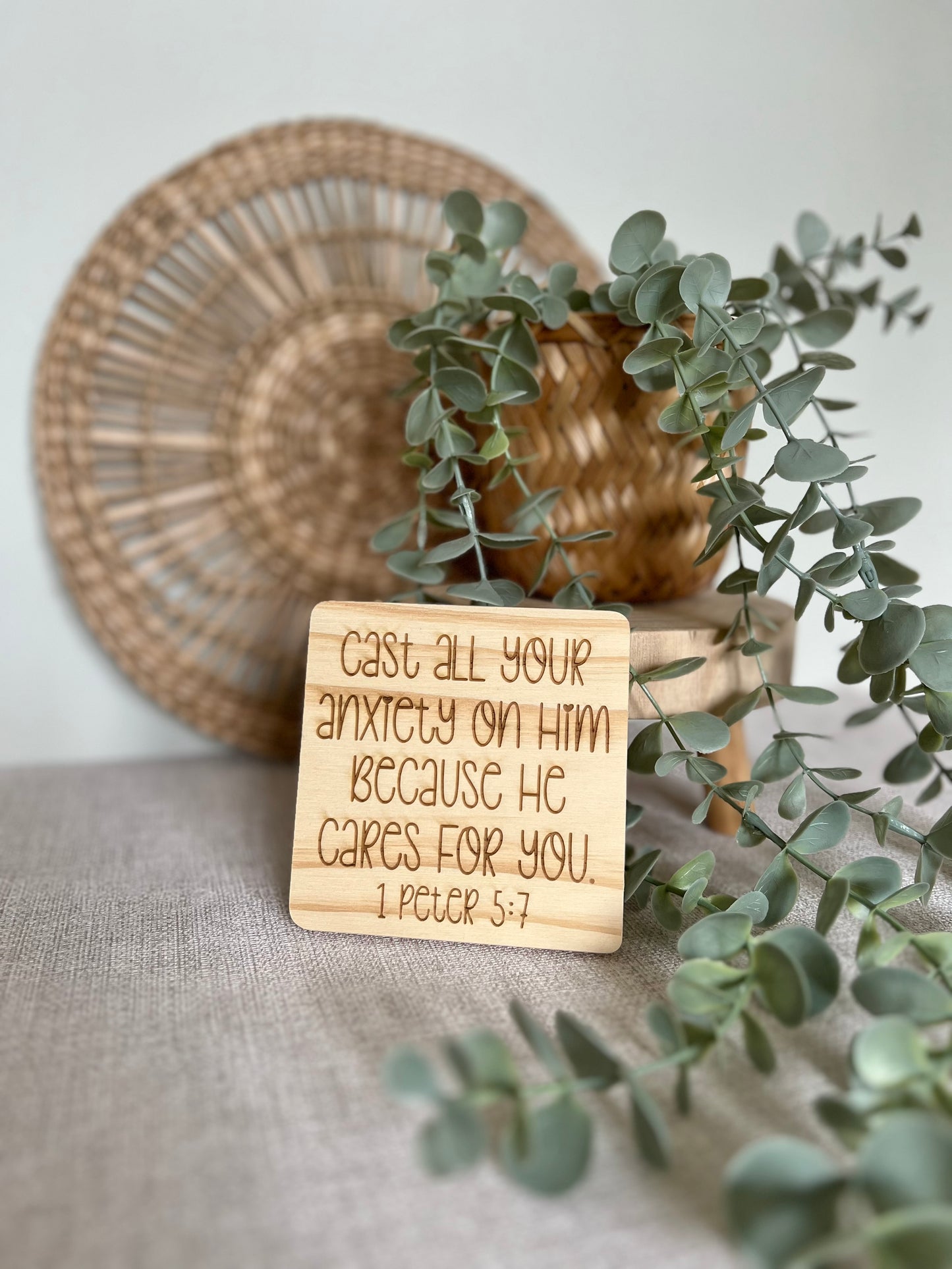 Cast all your anxiety on Him engraved wooden coaster