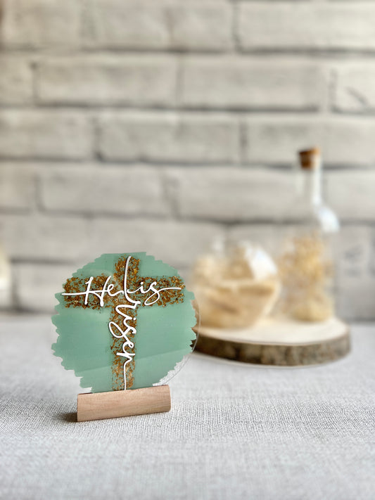He is risen (gold cross) acrylic plaque