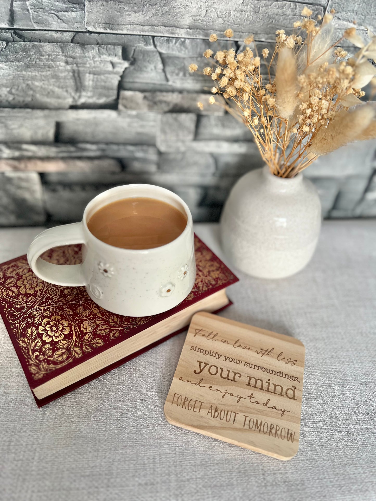 Fall in love with less engraved wooden coaster