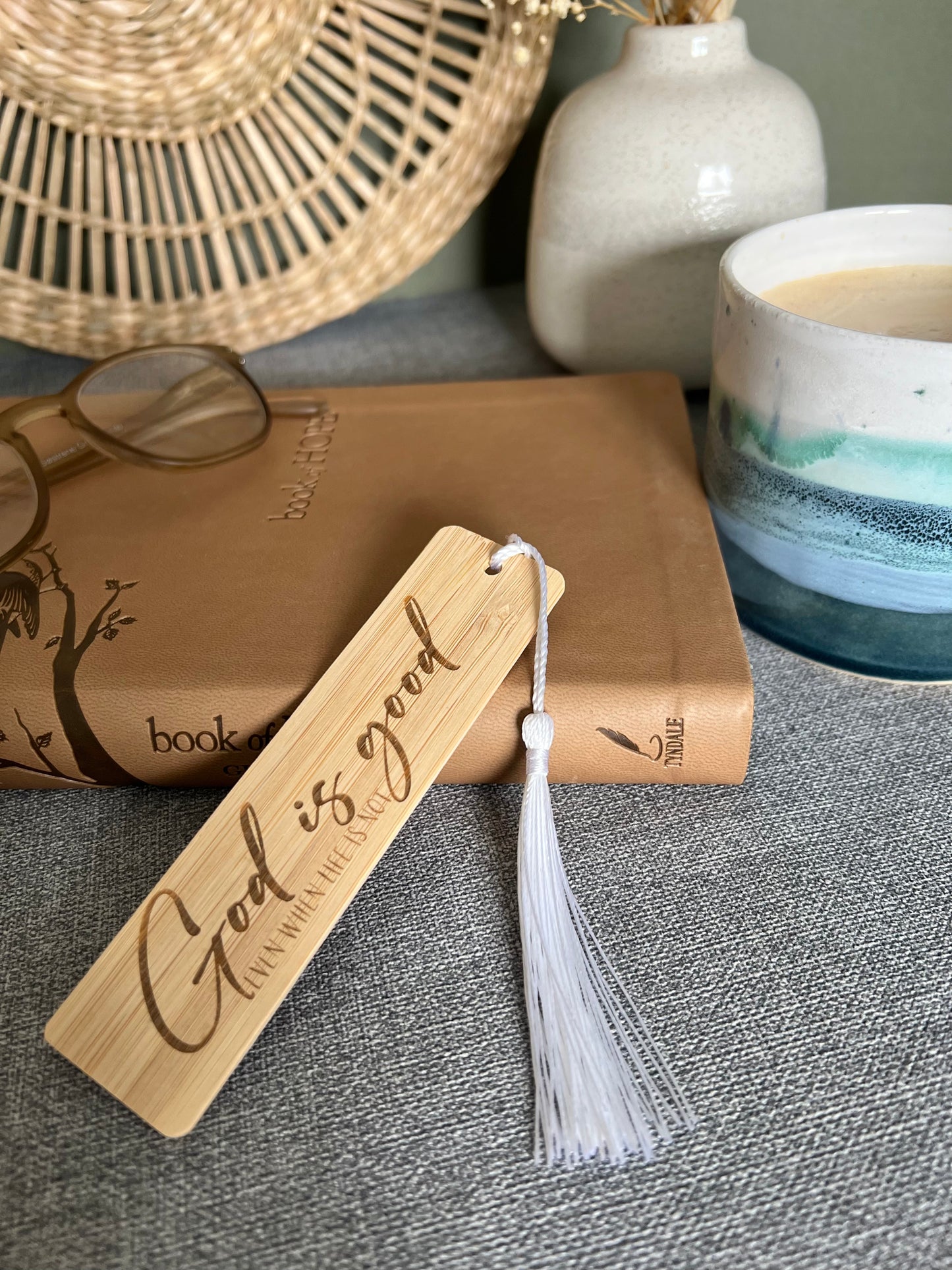 God is good wooden engraved bookmark
