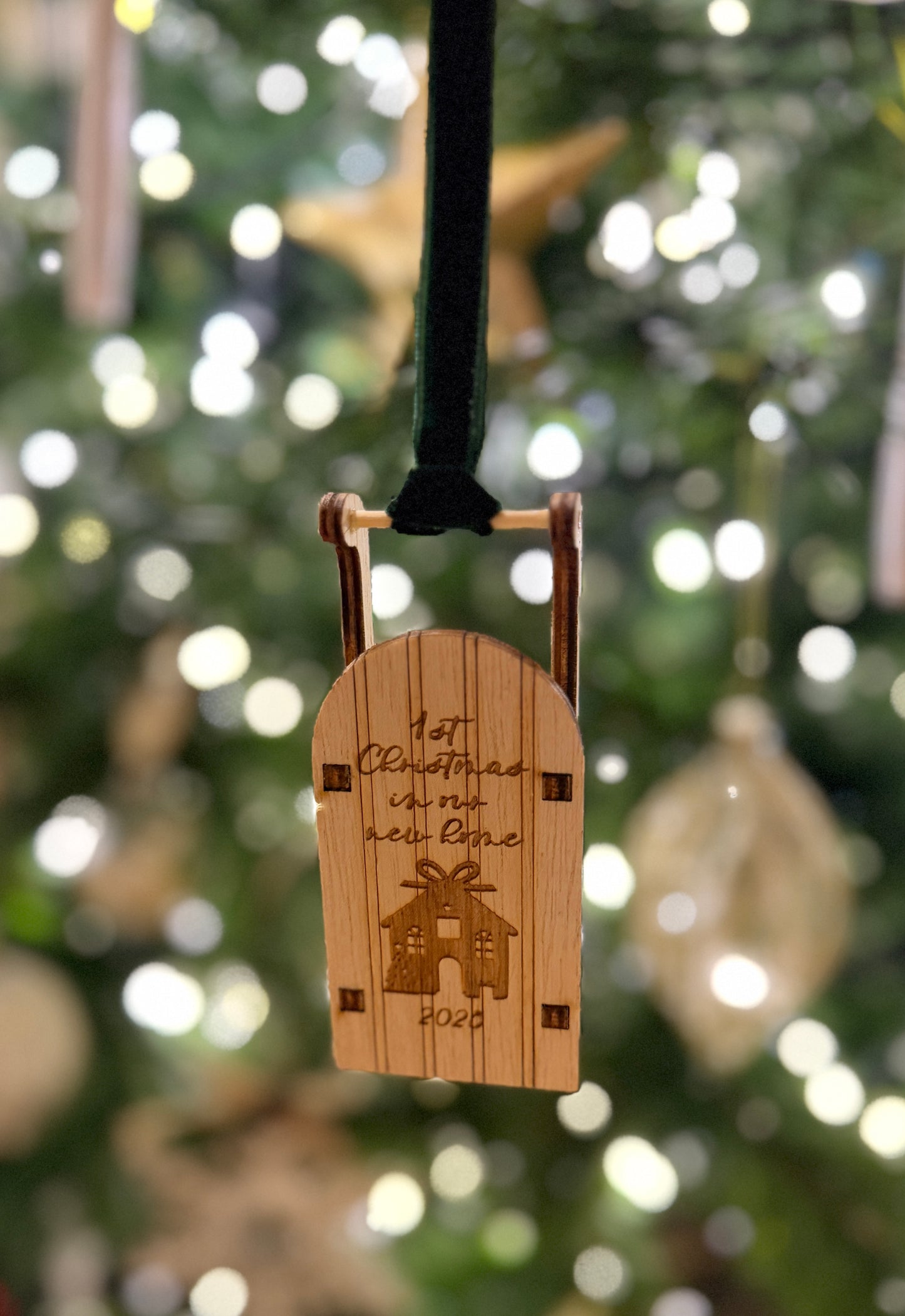 New home engraved wooden sleigh tree decoration
