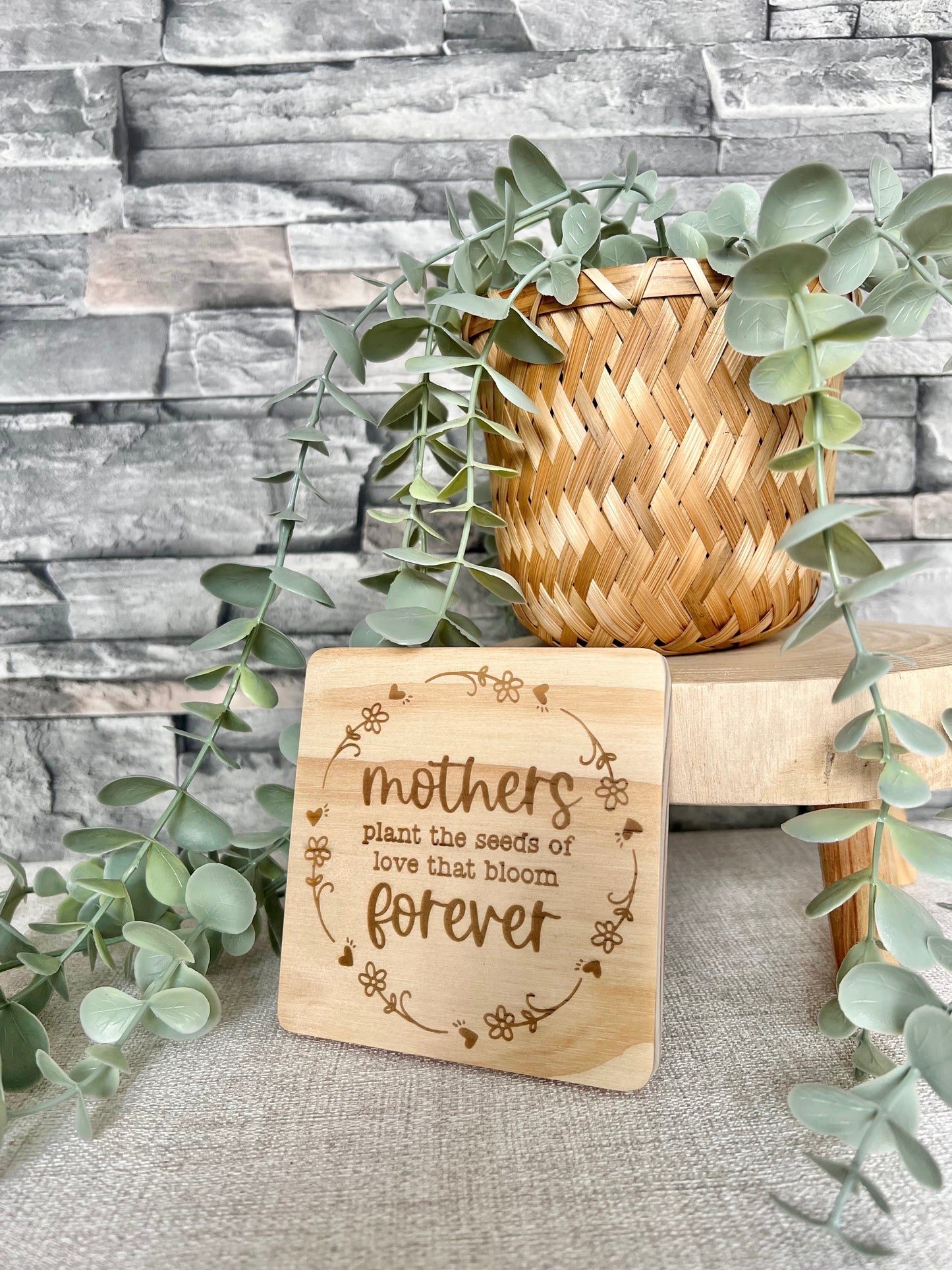 Mothers plant seeds engraved wooden coaster