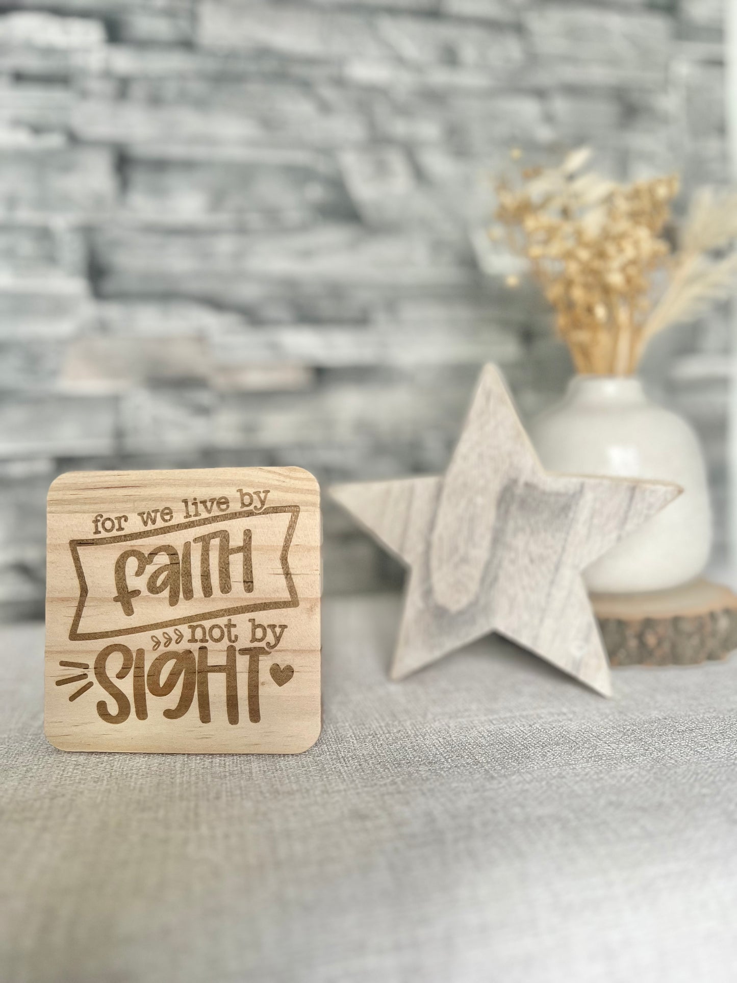 Live by faith engraved wooden coaster