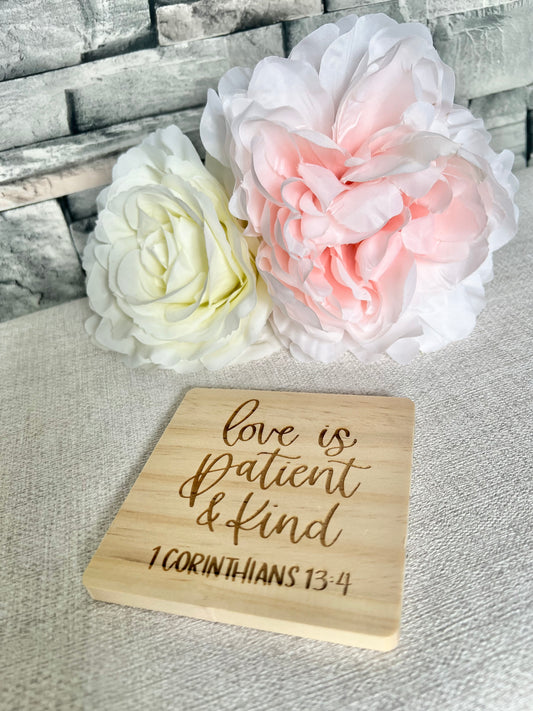 Love is patient engraved wooden coaster