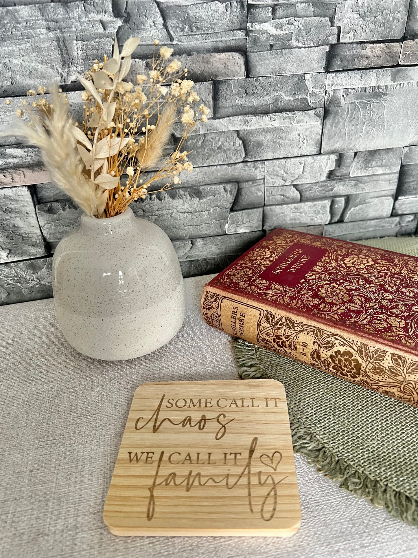 Some call it chaos engraved wooden coaster