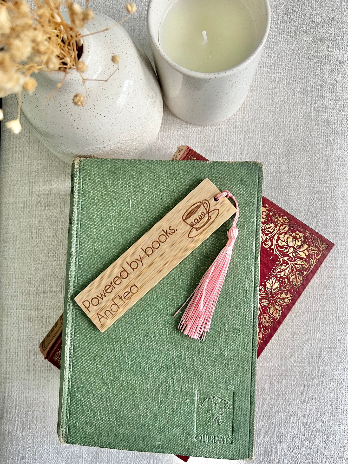 Powered by books and tea wooden engraved bookmark