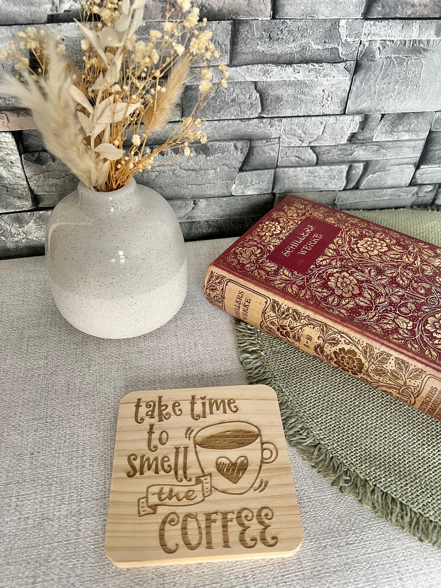 Smell the coffee engraved wooden coaster