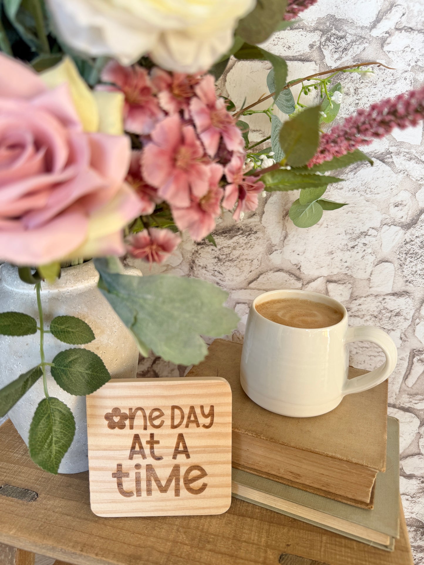 One day at a time engraved wooden coaster
