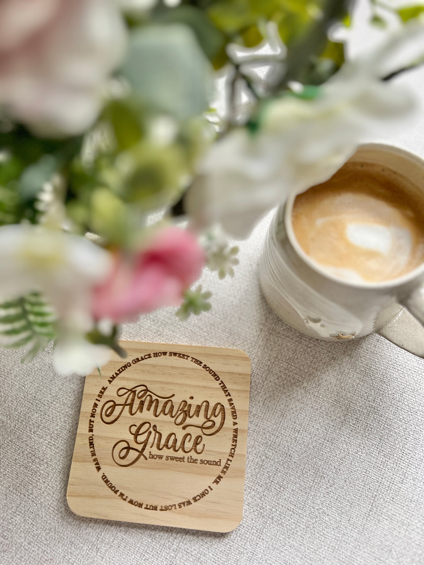 Amazing Grace engraved wooden coaster