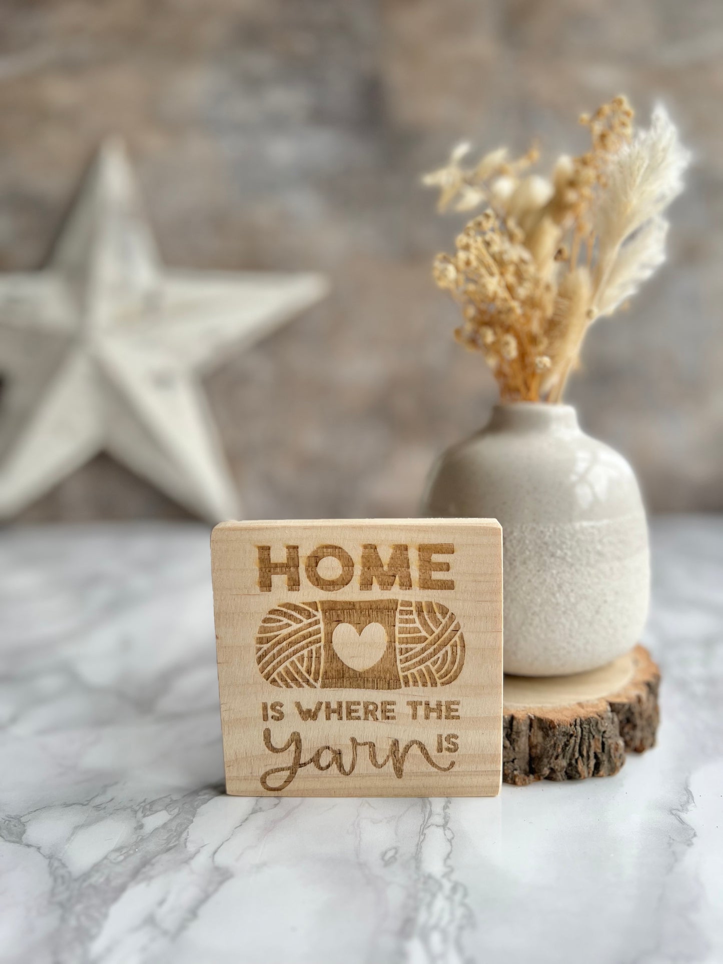 Home is where the yarn is engraved wooden coaster