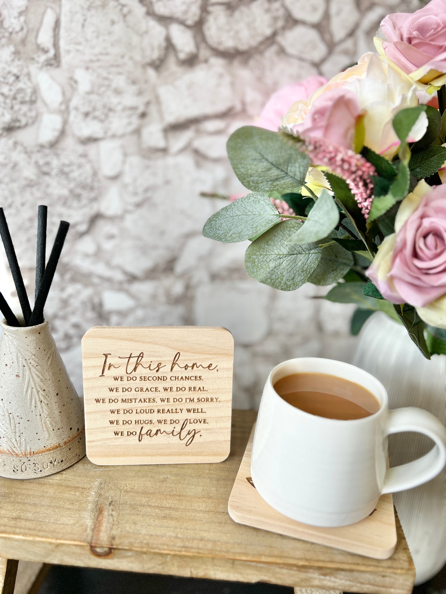 In this home we do… engraved wooden coaster