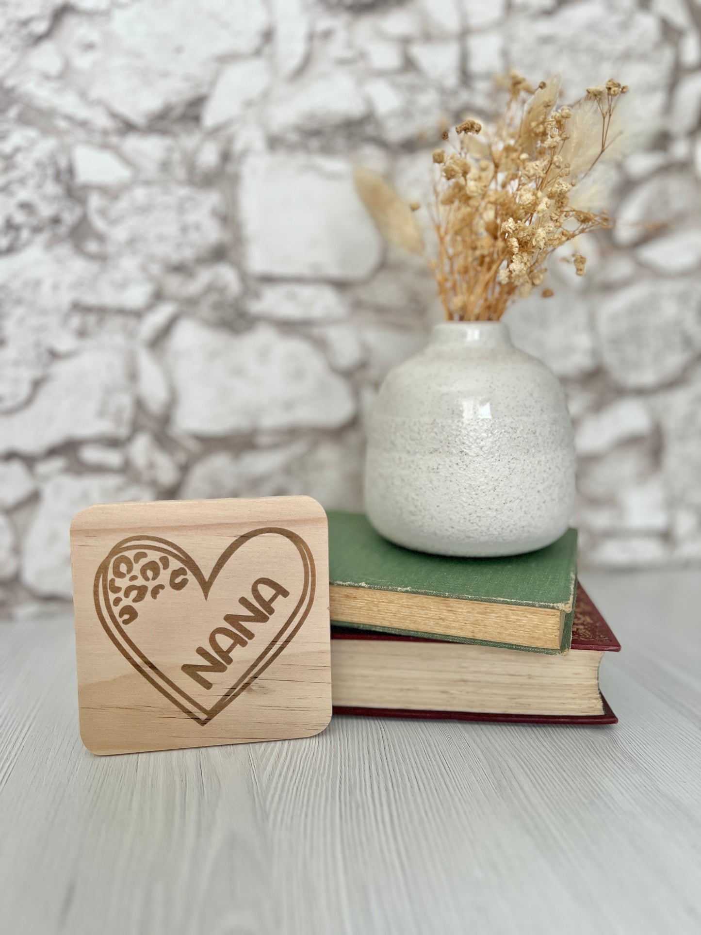Nana heart engraved wooden coaster