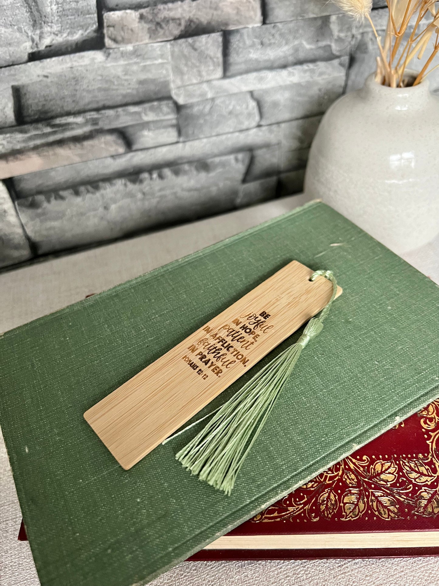 Be joyful in hope wooden engraved bookmark