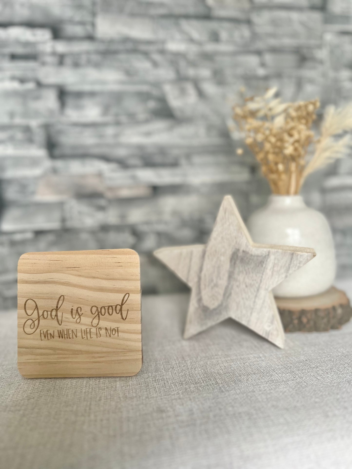 God is good engraved wooden coaster