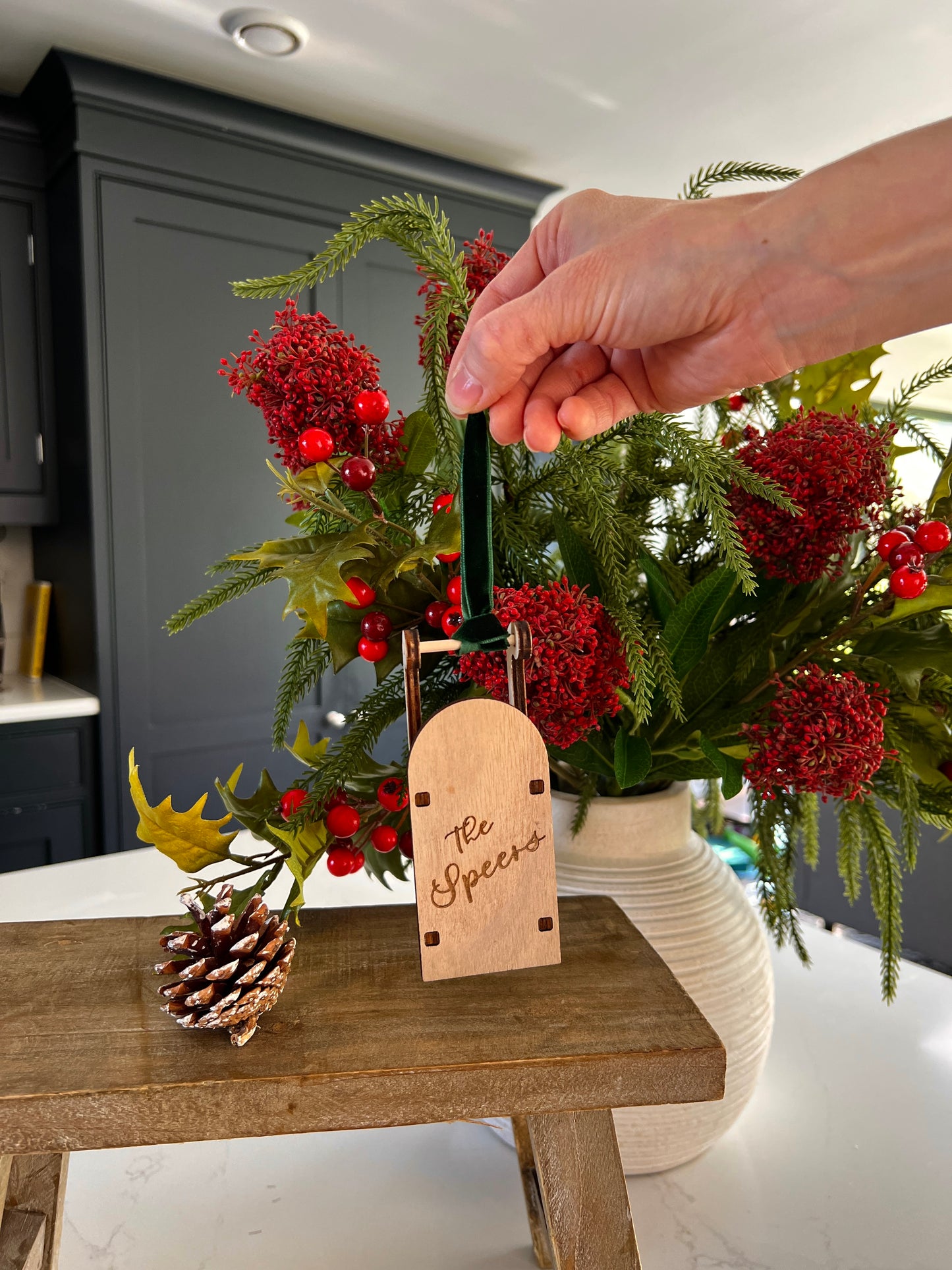 Personalised engraved wooden sleigh tree decoration