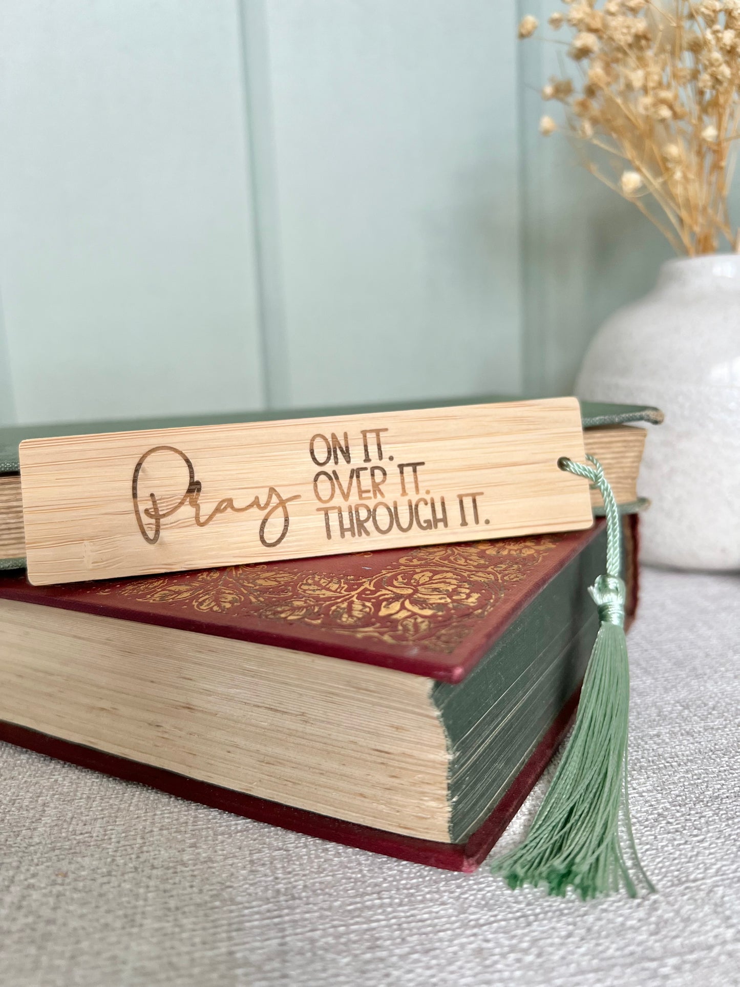 Pray on it wooden engraved bookmark