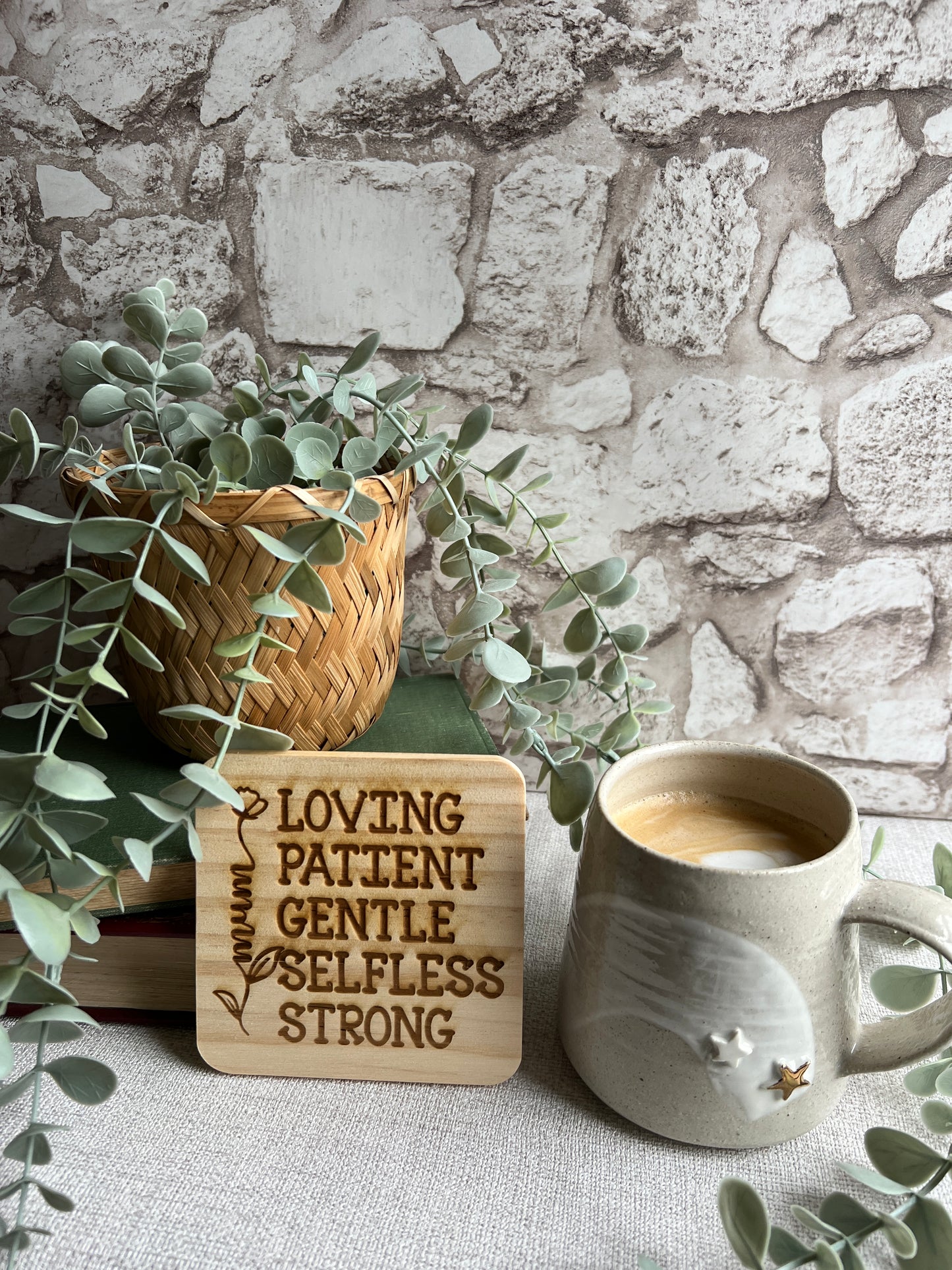 Mum patient, kind, gentle engraved wooden coaster