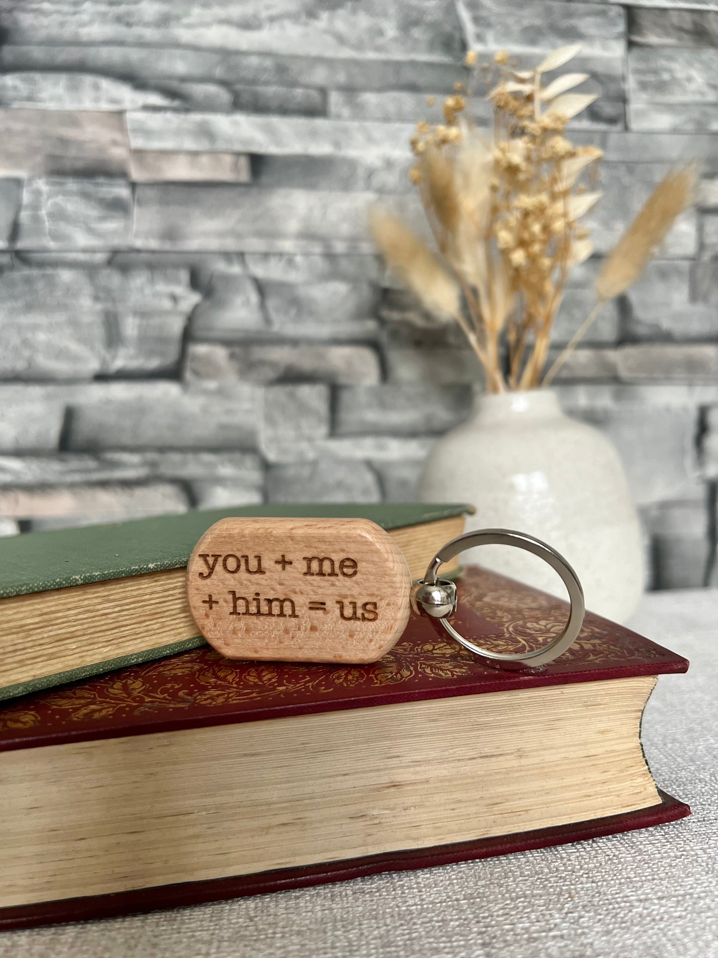 You + Me + Him engraved keyring