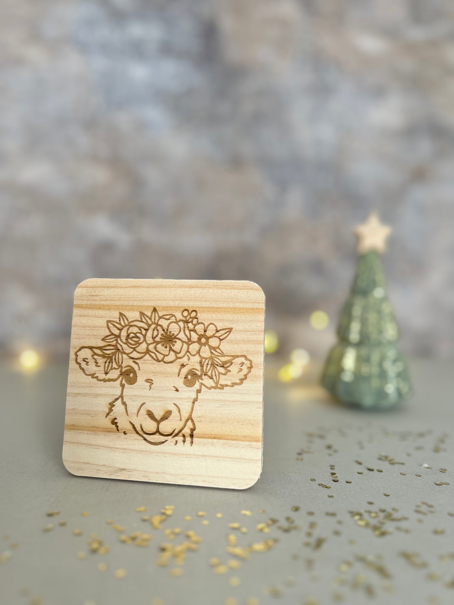 Sheep engraved wooden coaster