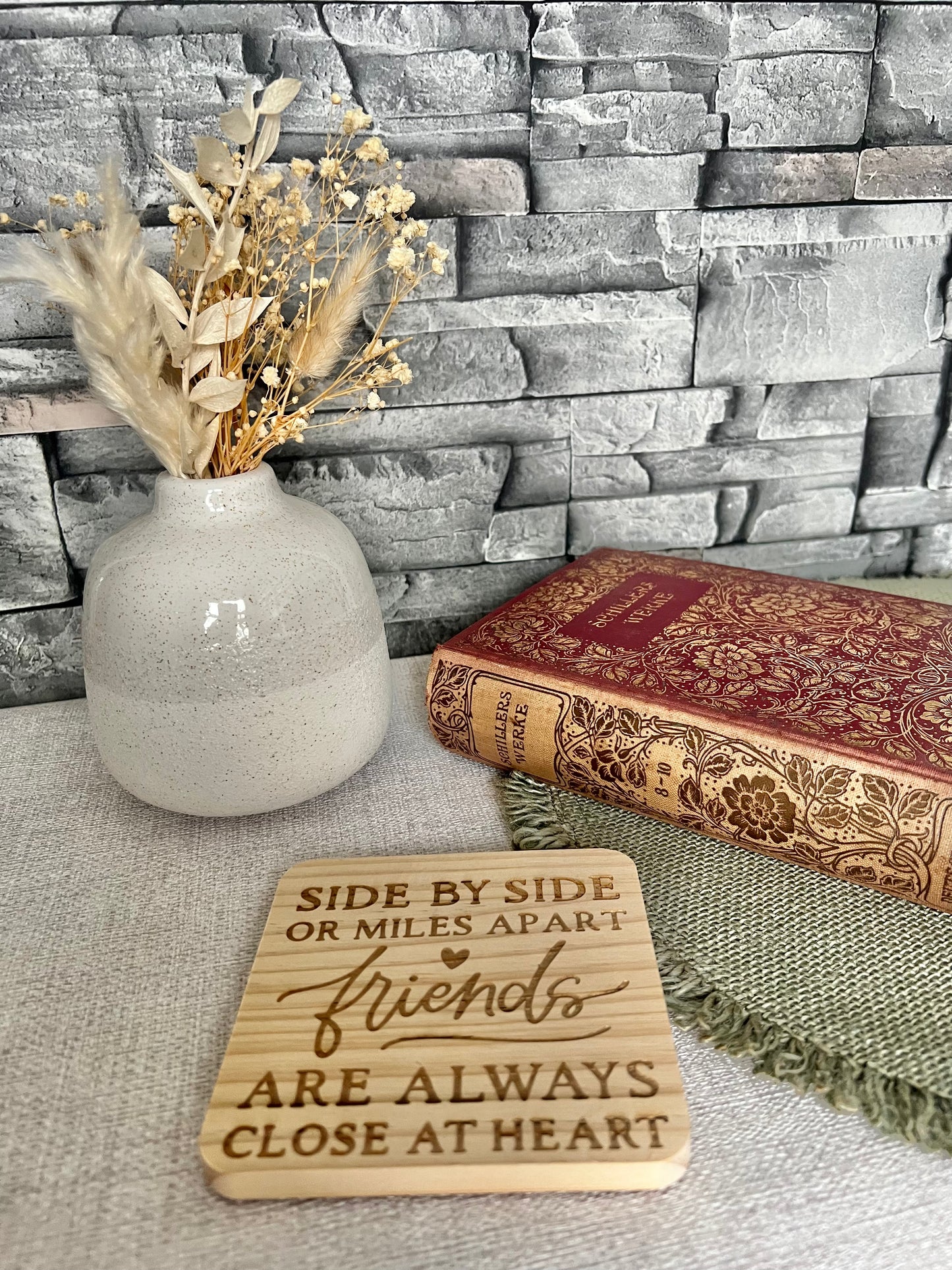 Side by side friendship engraved wooden coaster