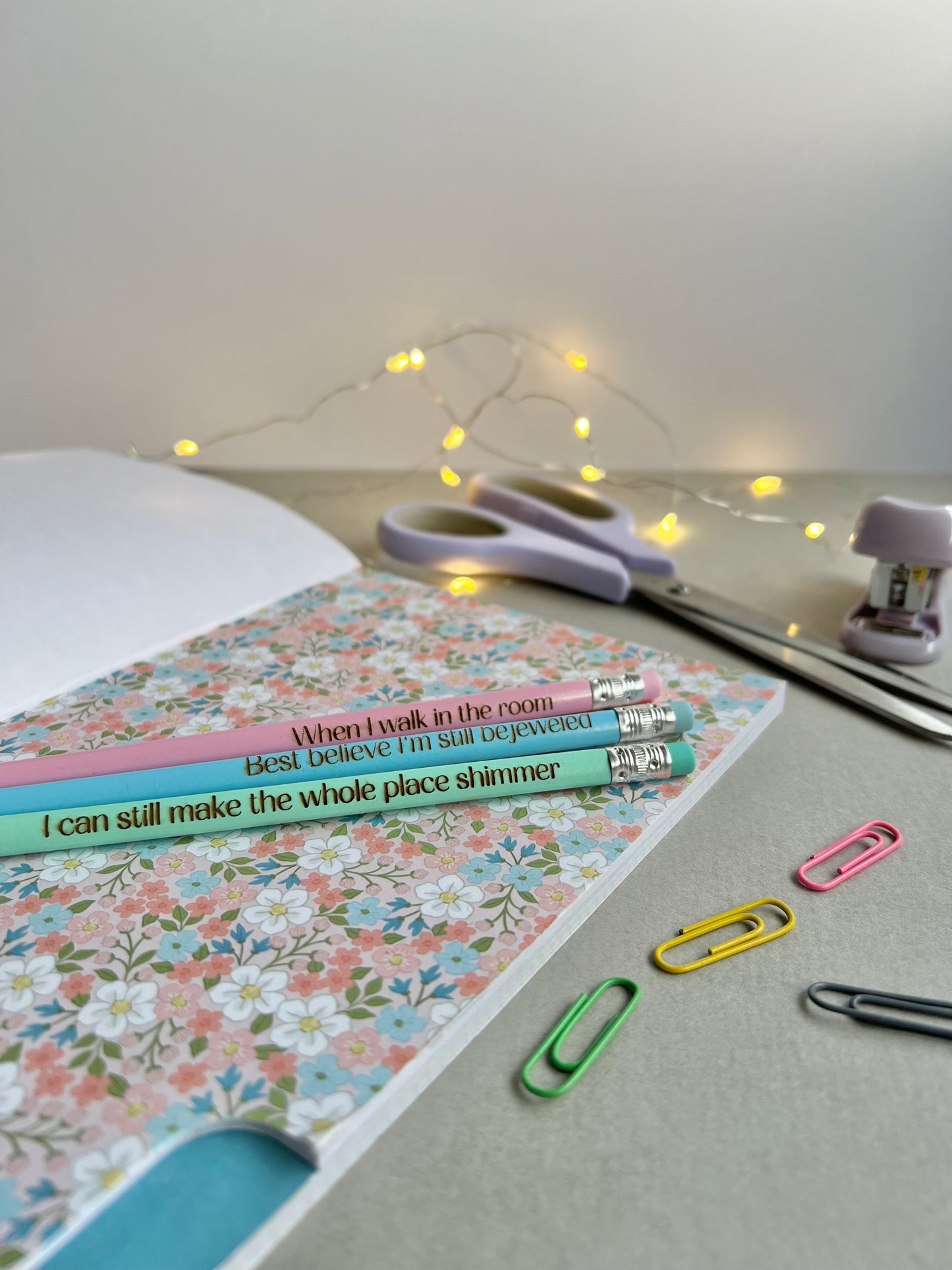 Taylor Swift Inspired Engraved Pencil Pack: 'Best believe I'm bejeweled' 'When I walk in the room' 'I can still make the whole place shimmer' set