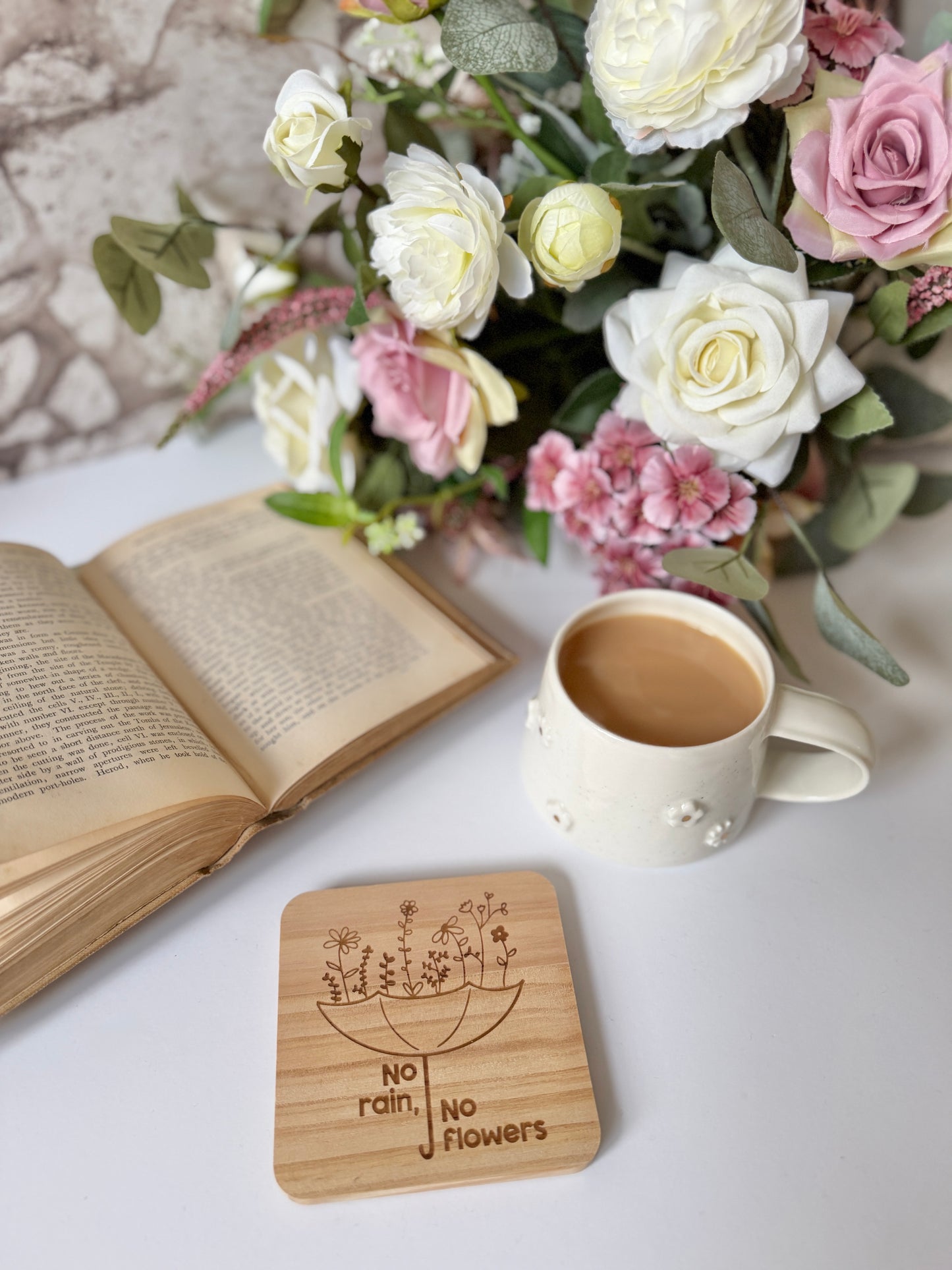 No rain, no flowers engraved wooden coaster