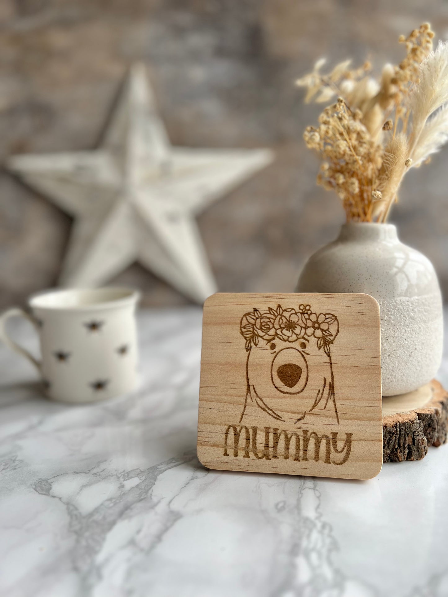 Mummy bear engraved wooden coaster