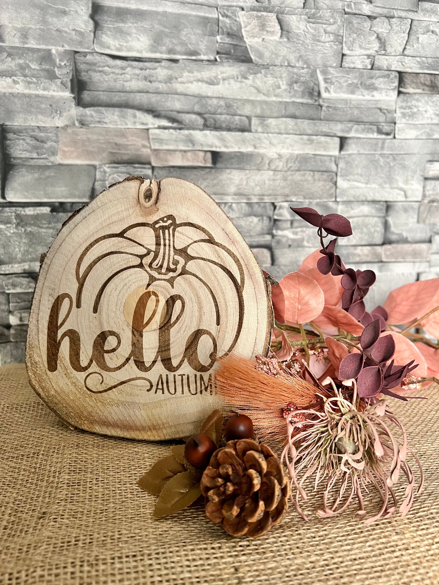 Hello Autumn engraved wooden plaque