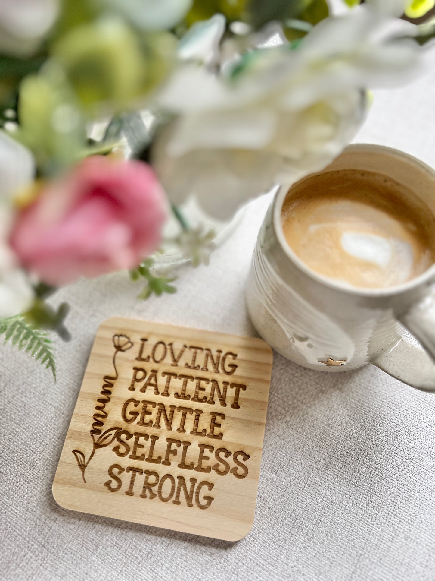 Mum patient, kind, gentle engraved wooden coaster