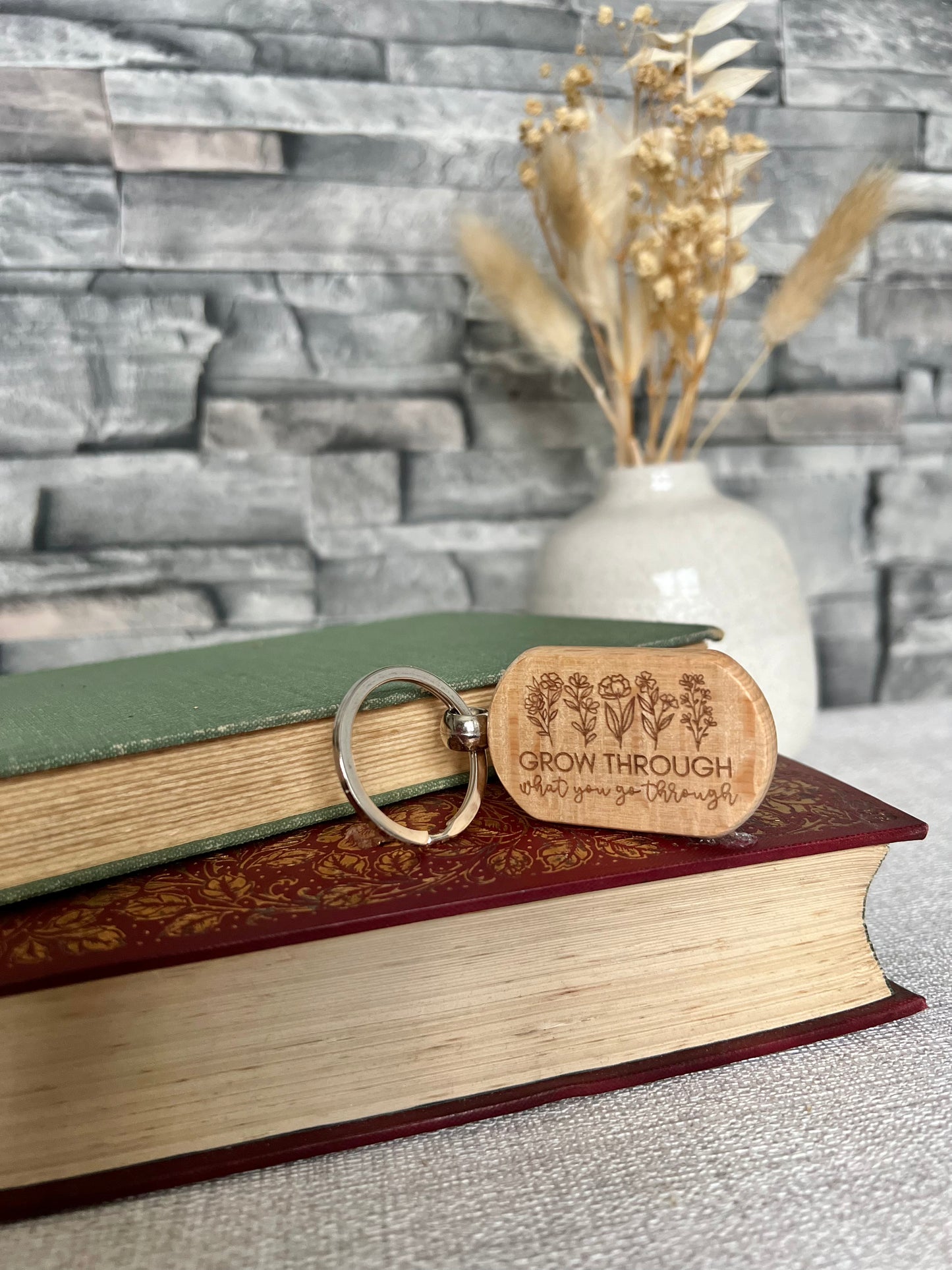 Grow through what you go through engraved keyring