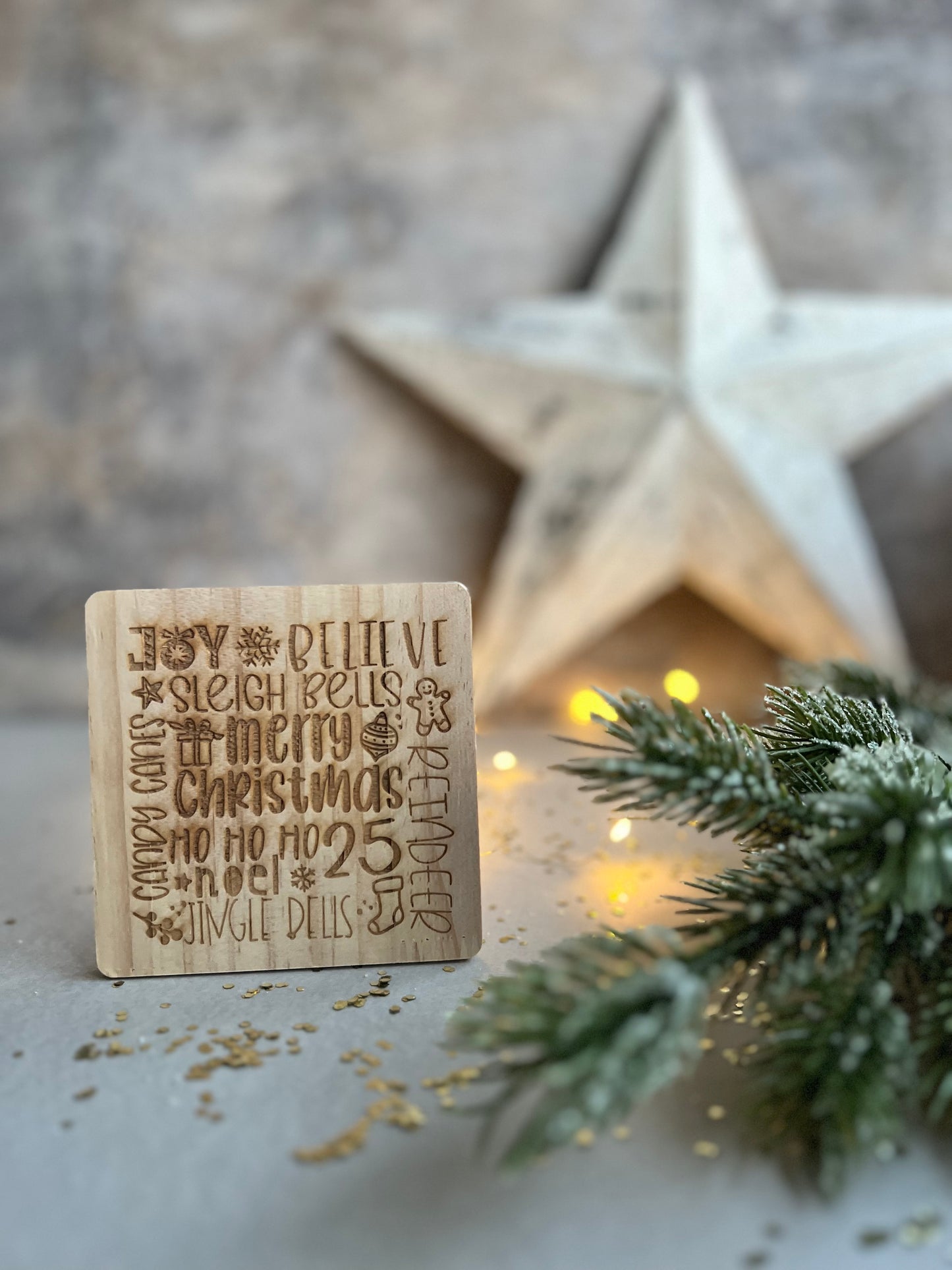 Christmas words wooden engraved coaster