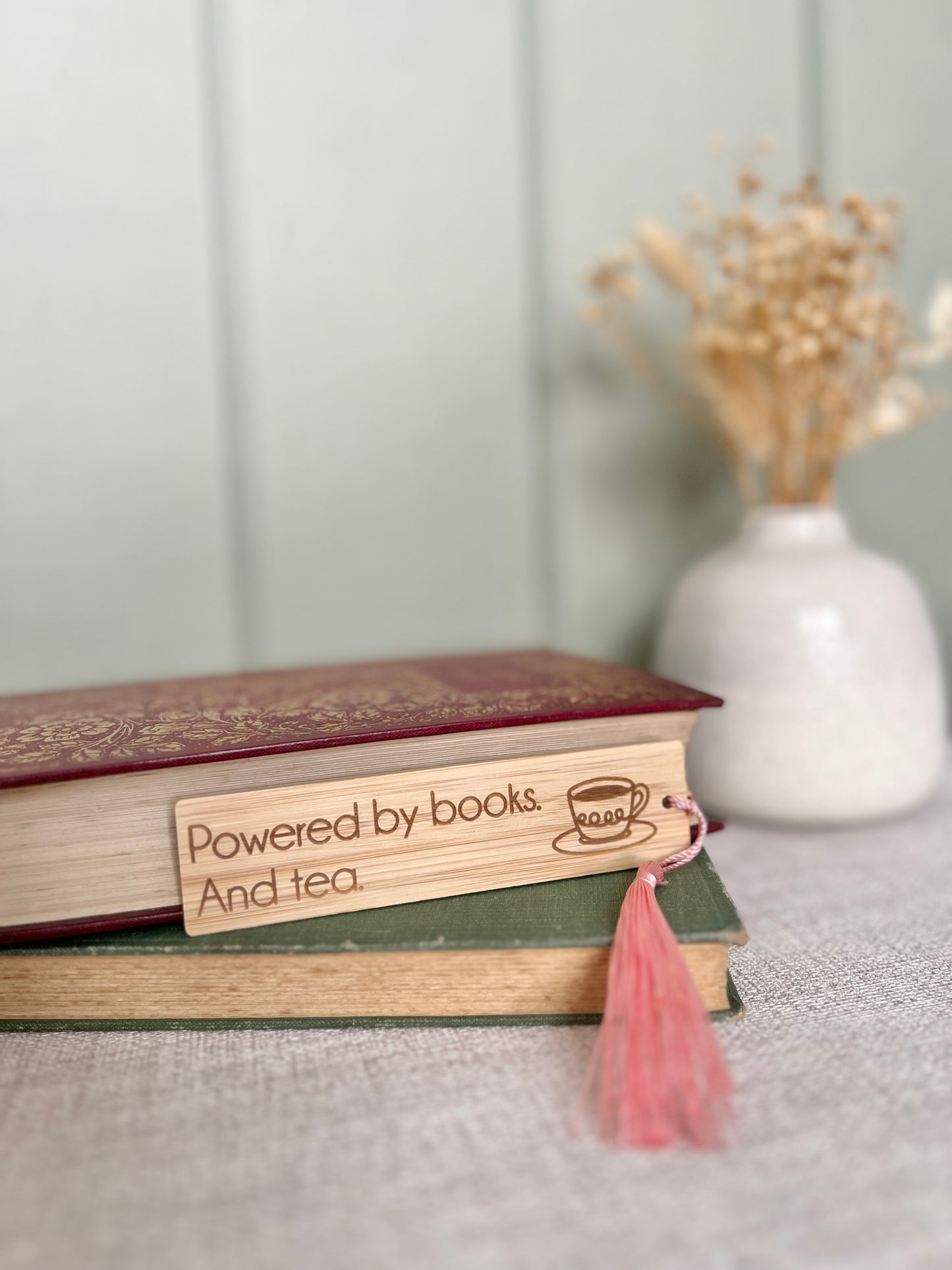 Powered by books and tea wooden engraved bookmark