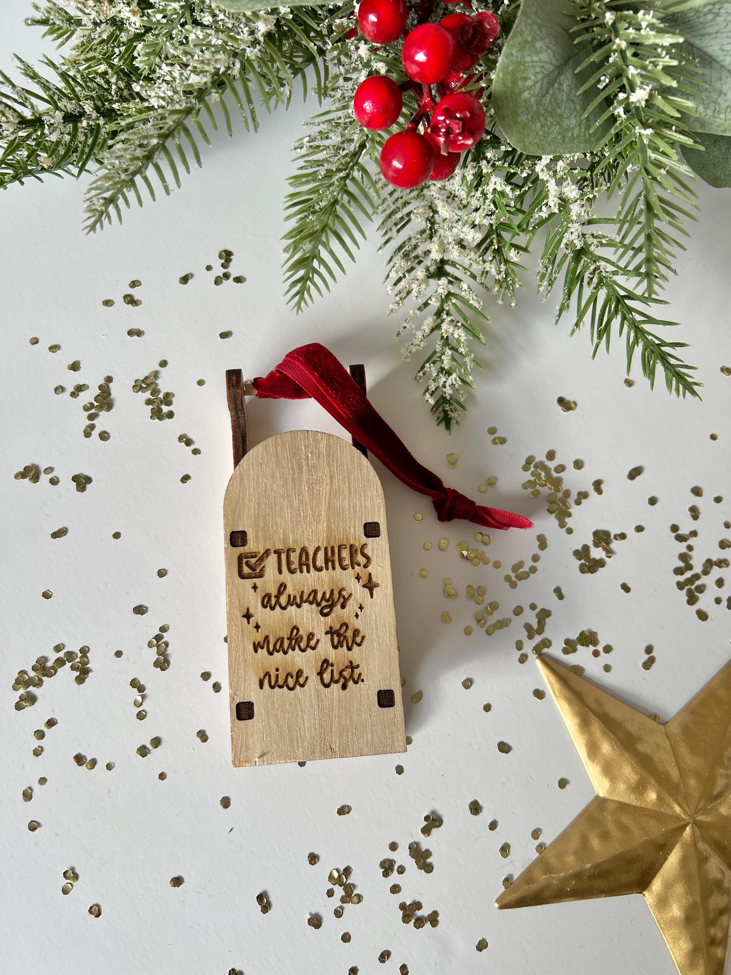Teachers nice list engraved wooden sleigh tree decoration