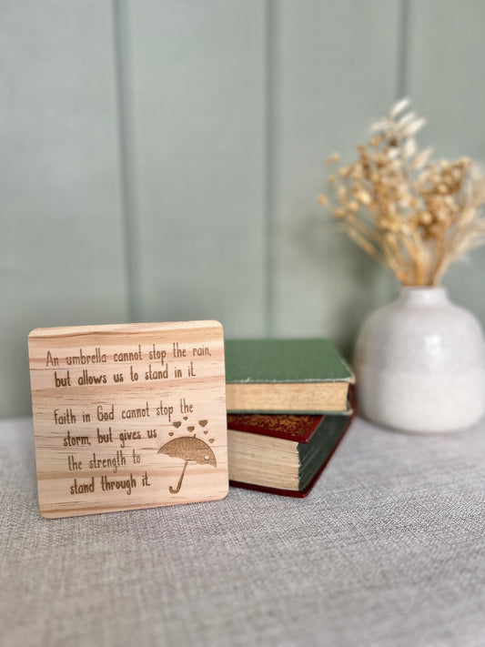 Faith in God (storm) engraved wooden coaster