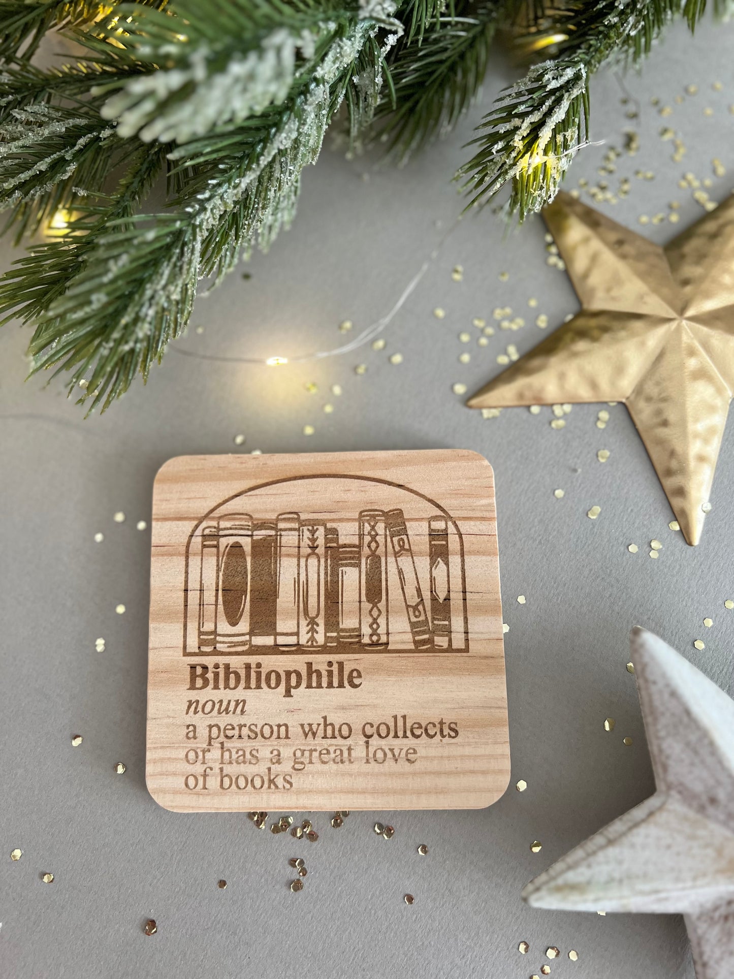 Bibliophile book reader engraved wooden coaster