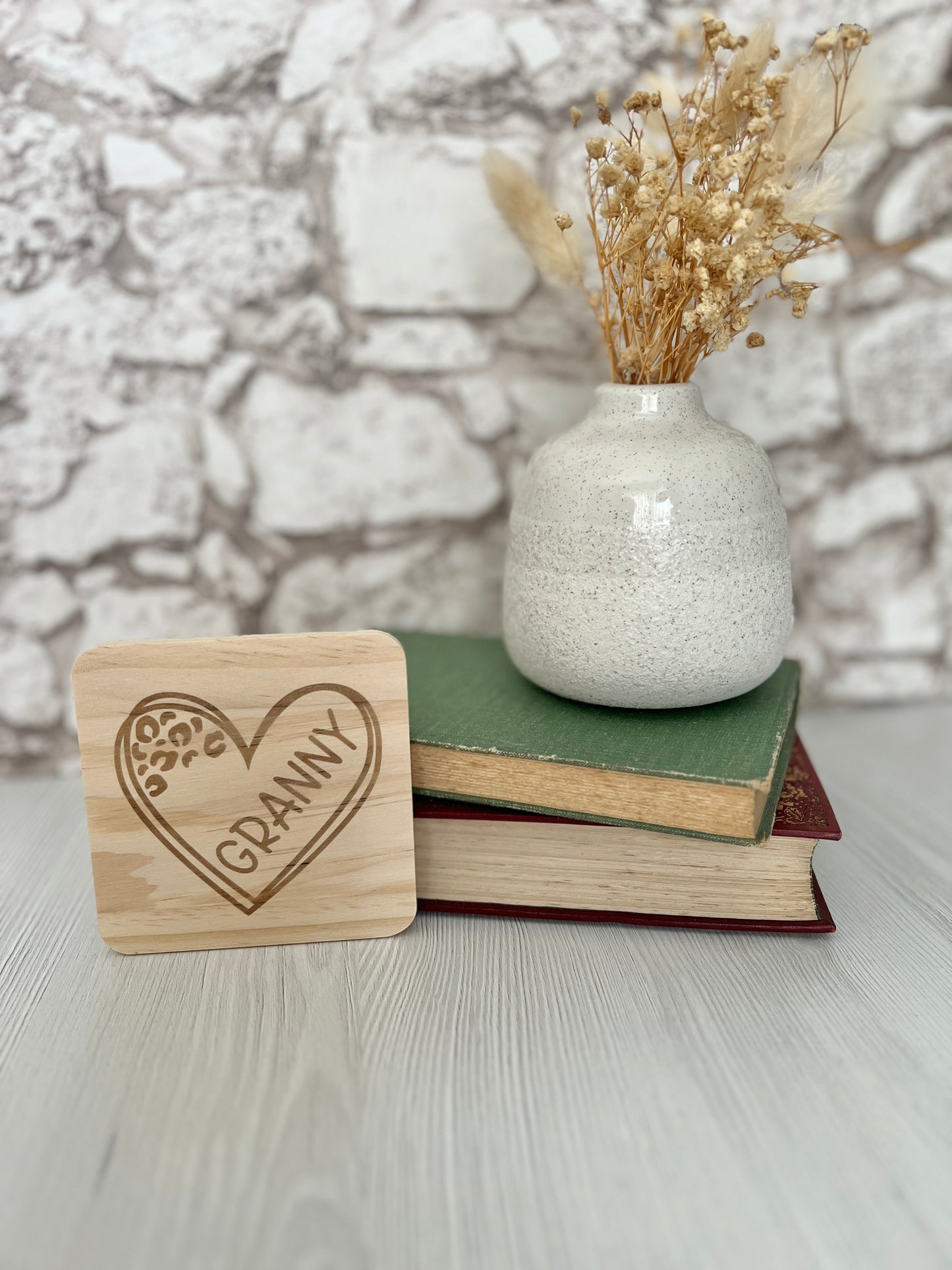 Granny heart engraved wooden coaster