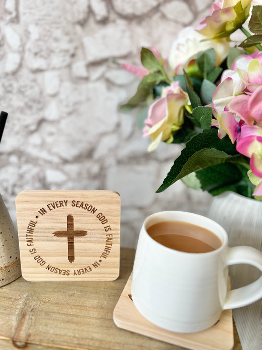 In every season engraved wooden coaster