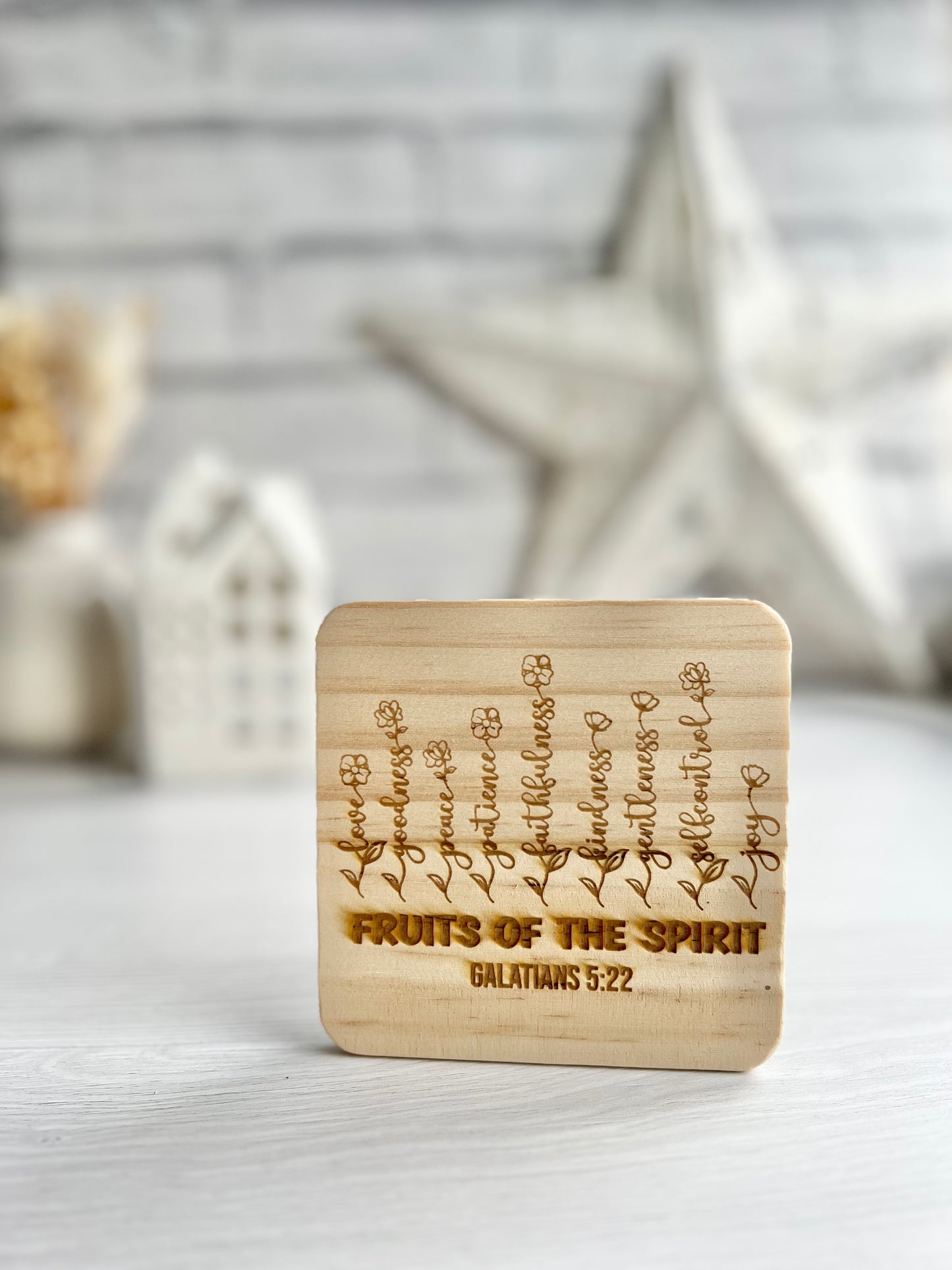 Fruits of the spirit engraved wooden coaster
