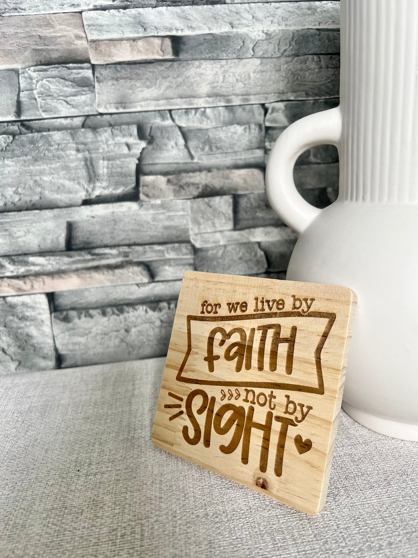 Live by faith engraved wooden coaster