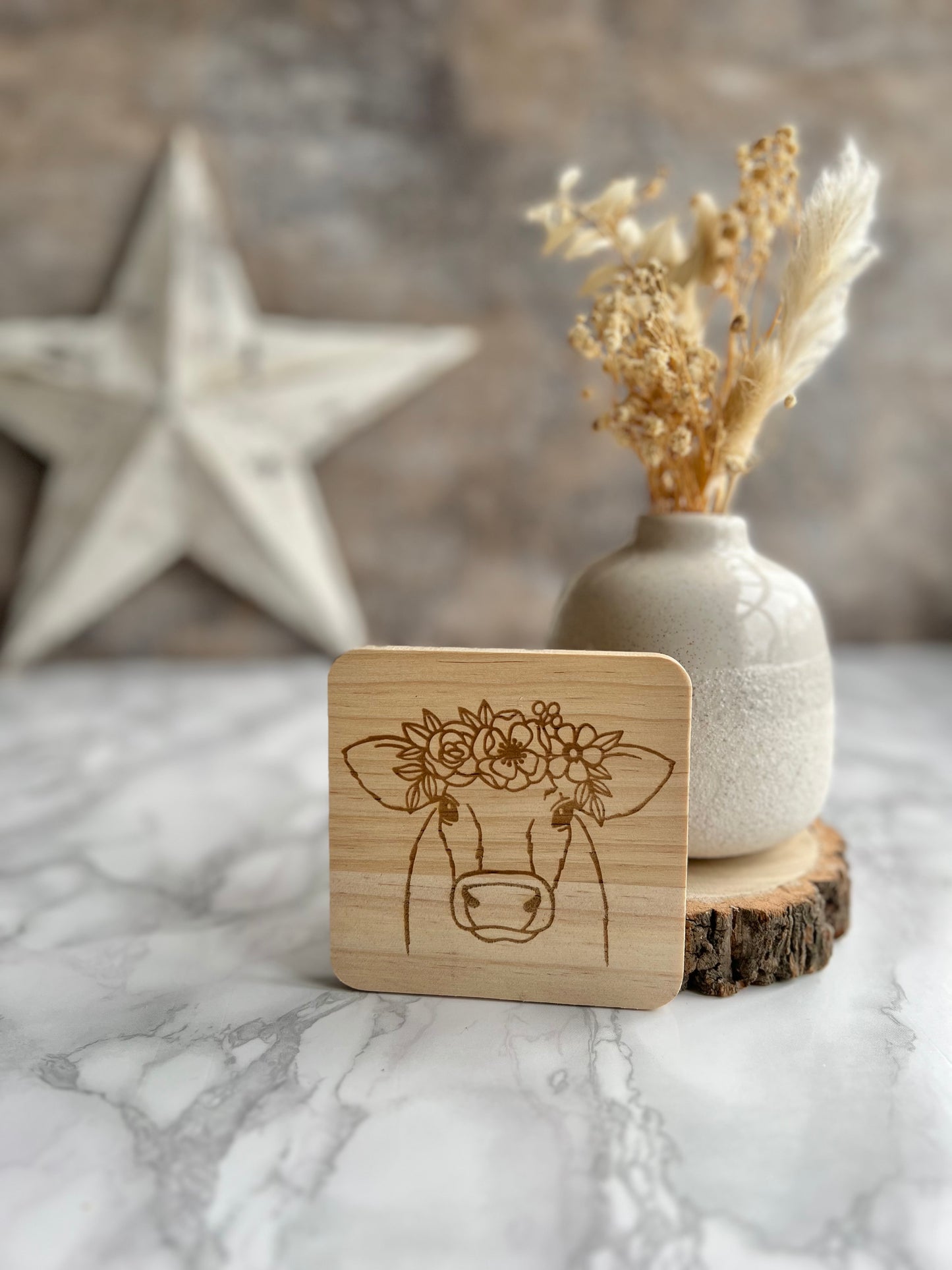 Cow flowers engraved wooden coaster