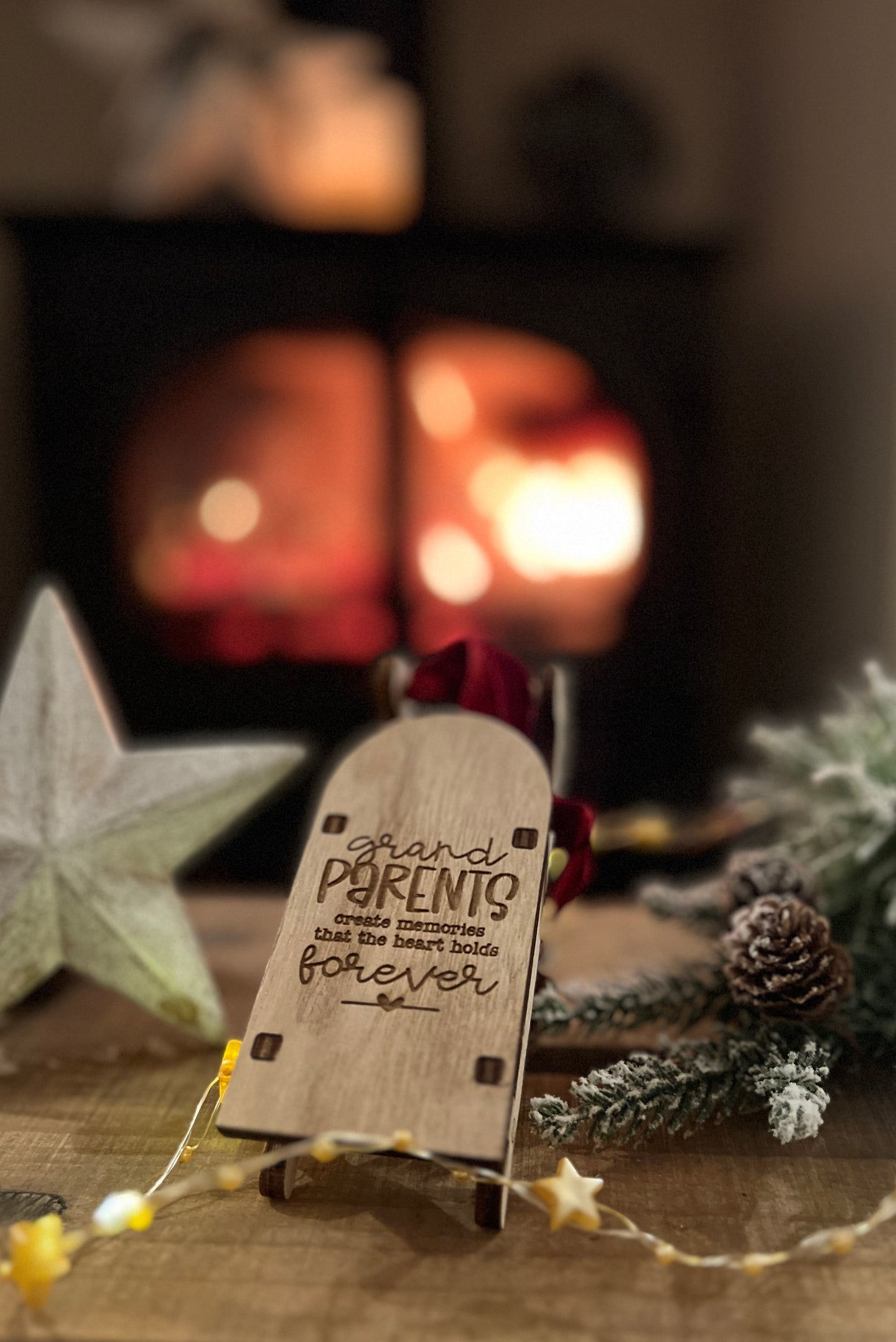 Grandparents create memories engraved wooden sleigh tree decoration