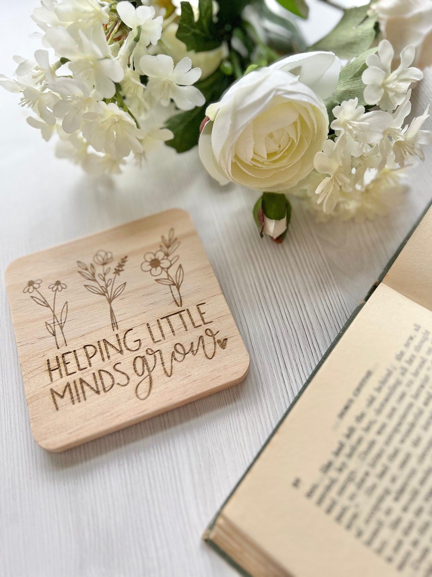 Helping little minds grow engraved wooden coaster