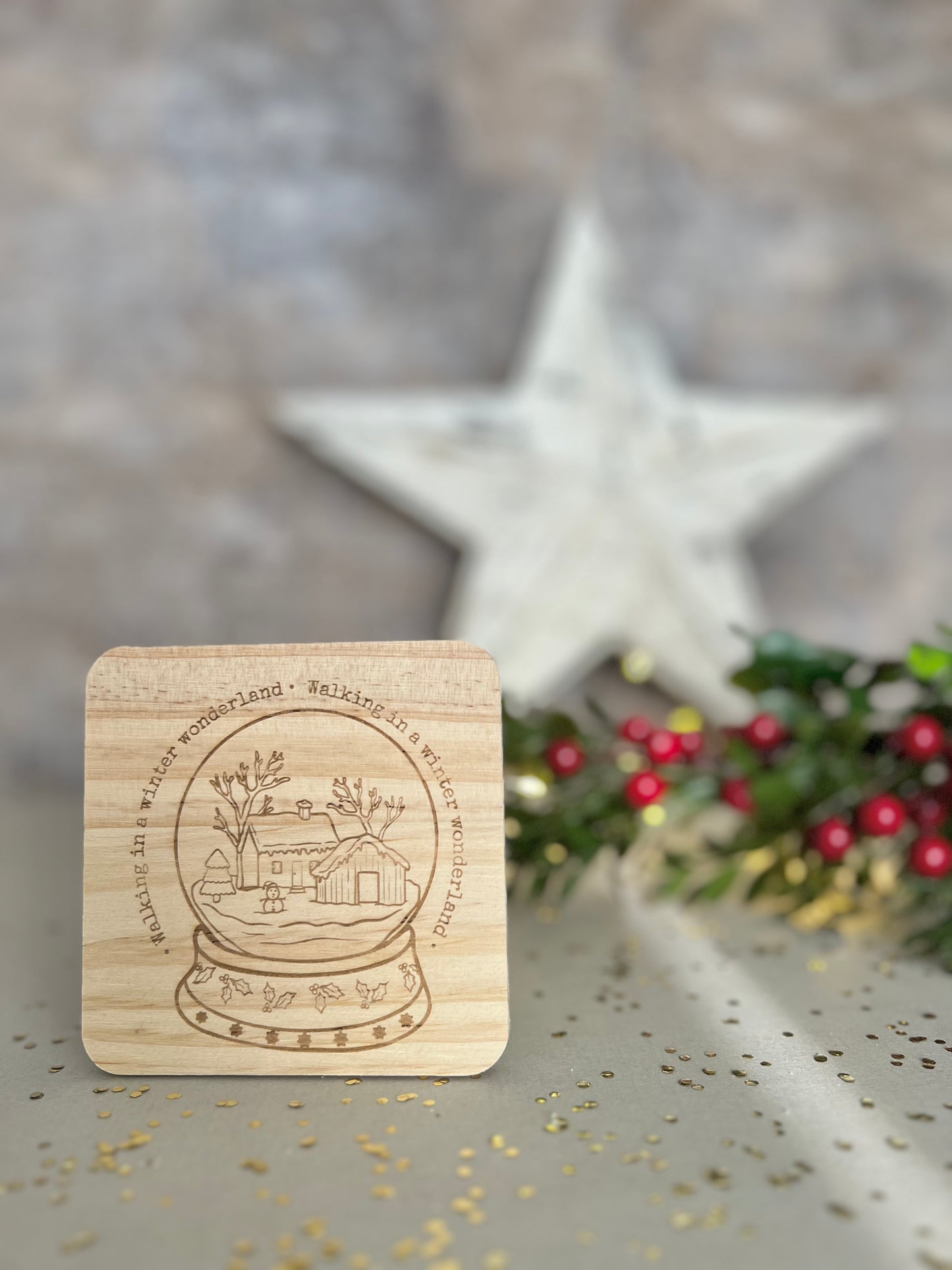 Walking in a winter wonderland wooden engraved coaster