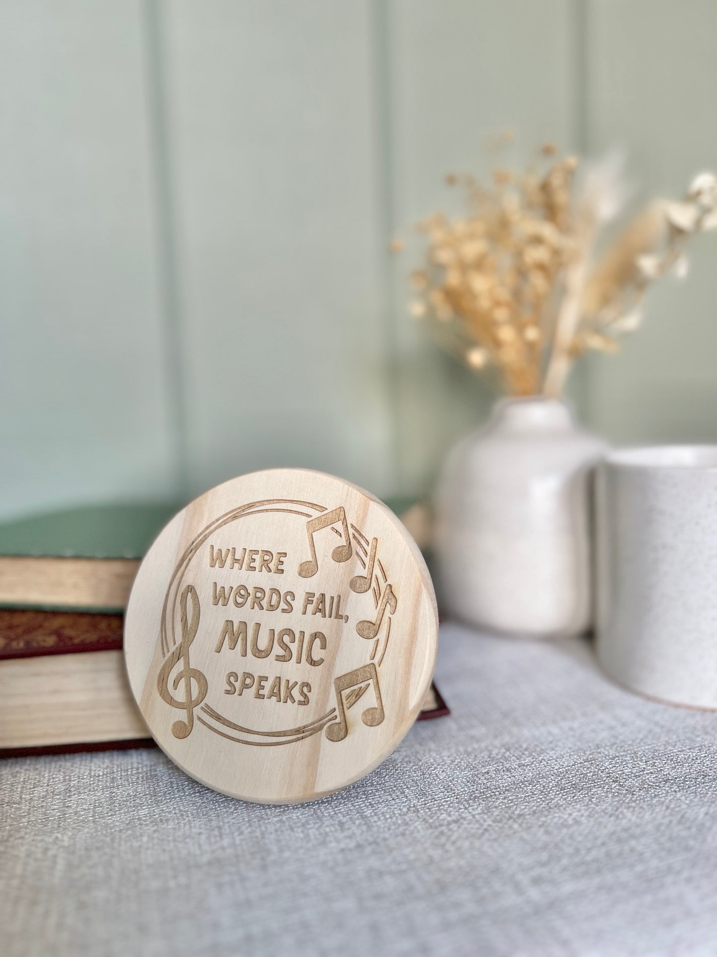 Music round wooden engraved coaster